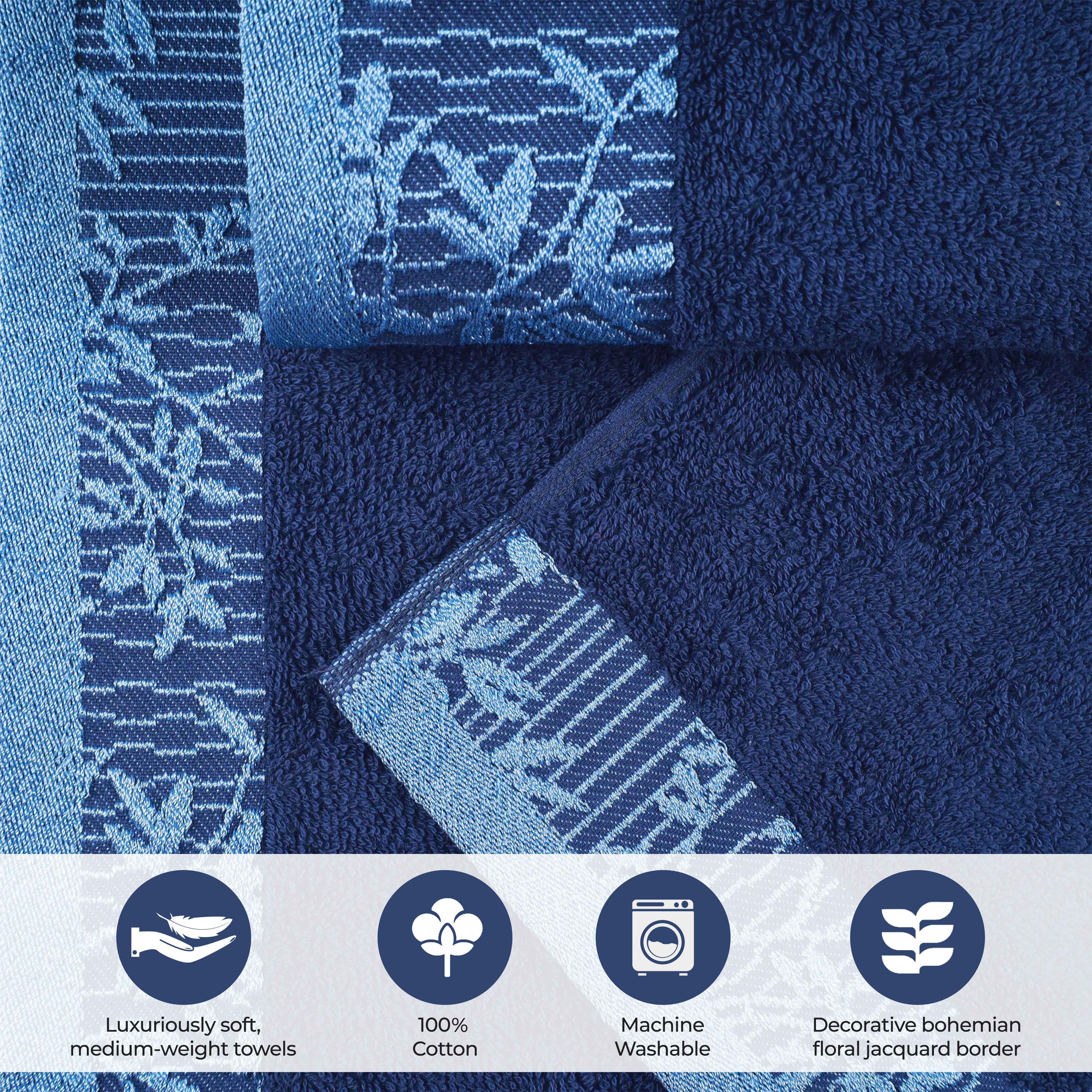 Premium Wisteria Cotton Floral Embroidered Jacquard Border Bath Towel Set of 2 - Soft Absorbent Luxury Towels for Spa, Bathroom & Guest Use