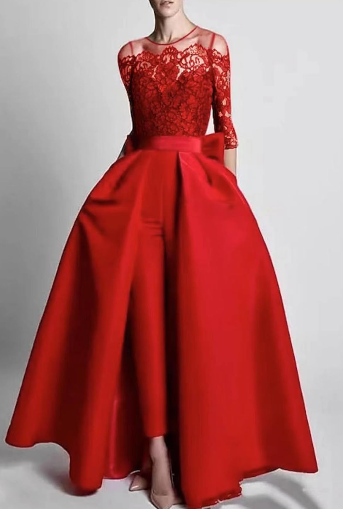 VENNYNG Women's Elegant Lace Jumpsuit with Detachable Train - 3/4 Sleeve Evening Gown for Wedding Guest, Party & Formal Events - Floor Length Pantsuit with Pockets | Perfect for Galas, Cocktail Parties & Special Occasions