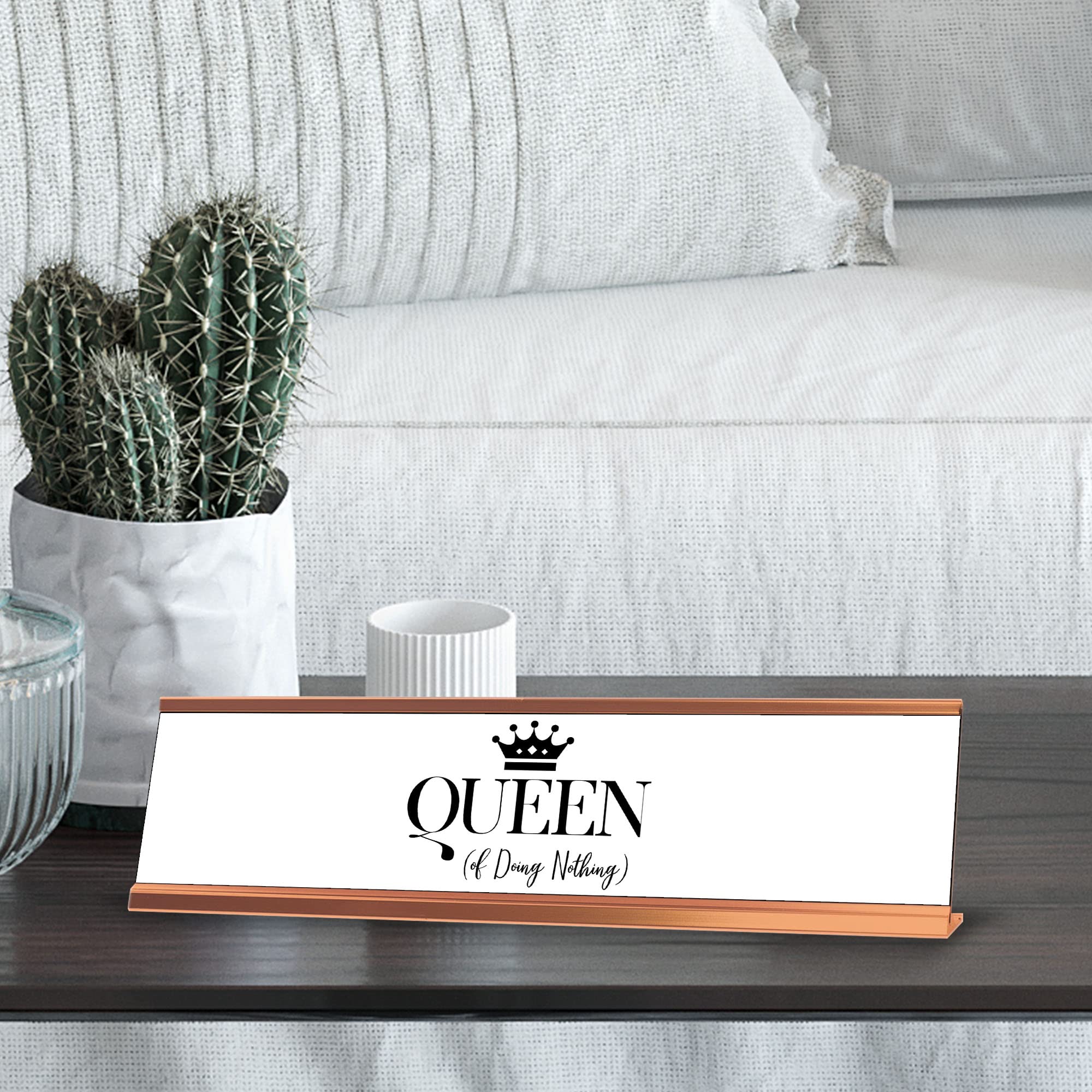 Queen Of Doing Nothing - Gold Frame Desk Sign (2 x 8 Inches) - Funny Office Decor for Work Desk, Home Office, or Gift for Coworkers