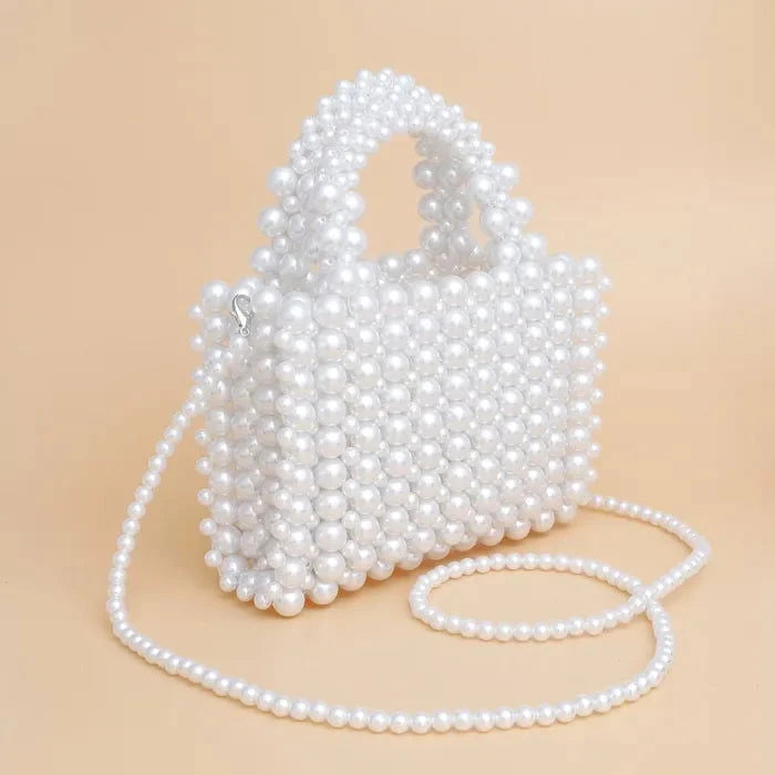 Elegant White Pearl Woven Handmade Square Top Handle Bag for Women - Perfect for Weddings, Parties & Special Occasions