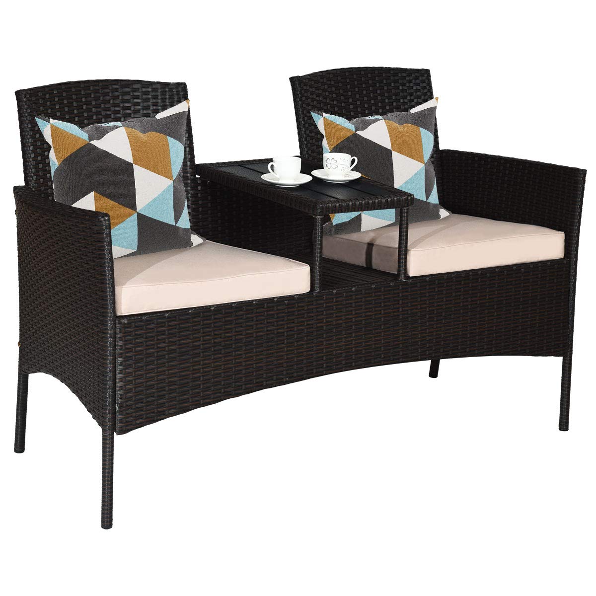Tangkula Outdoor Rattan Loveseat Patio Set - Modern Wicker Sofa with Cushions & Built-in Coffee Table - Waterproof Garden Furniture for Backyard, Lawn, Poolside & Balcony - Perfect for Relaxing, Entertaining & Outdoor Conversations