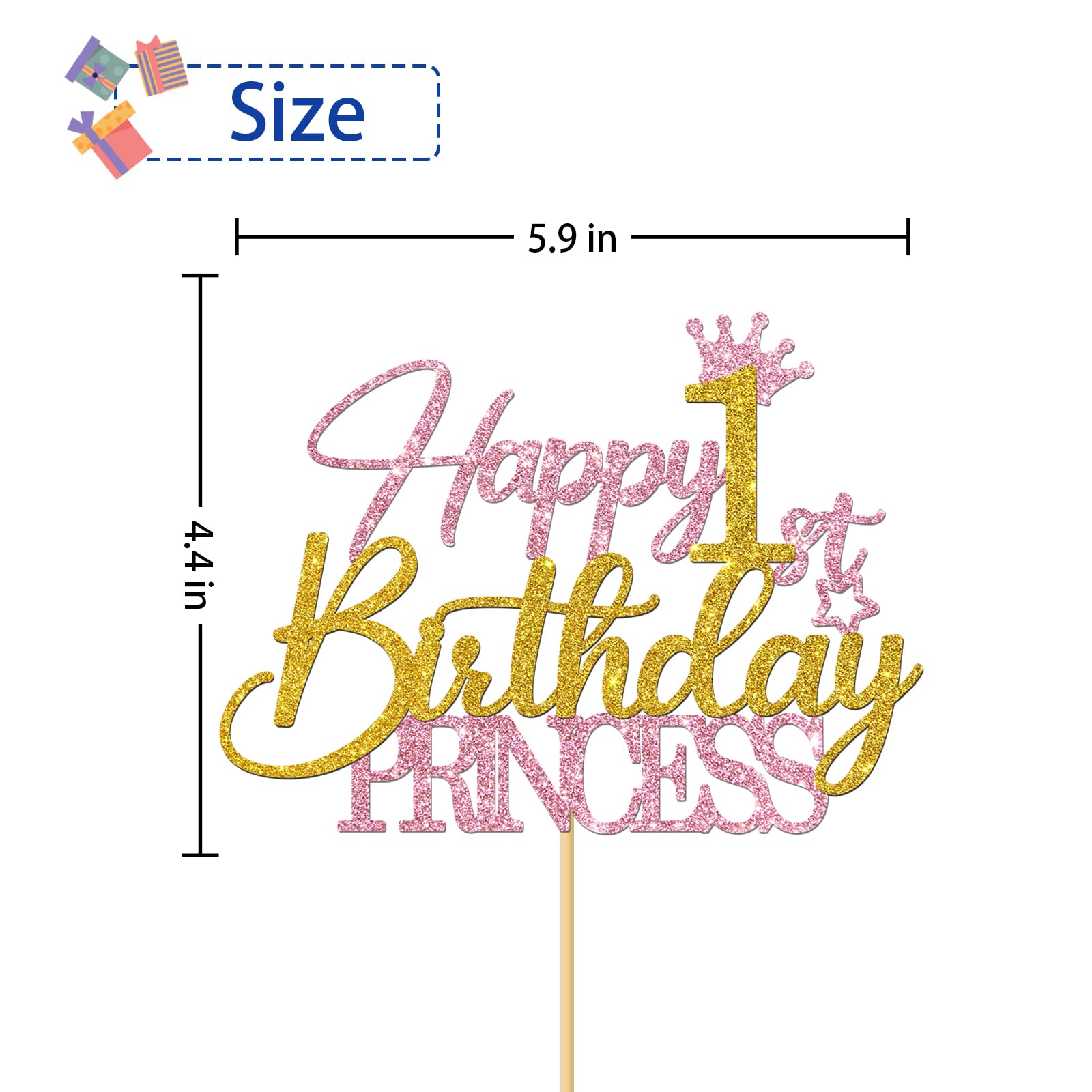 Happy 1st Birthday Cake Topper for Girls - Pink & Gold Glitter Princess Cake Decorations - Baby Girl One Year Old Party Supplies - Perfect for Birthday Cakes, Cupcakes & Dessert Tables