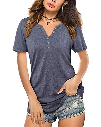KILIG Women's Short Sleeve V-Neck Button Down Blouse - Loose Fit Casual Henley Top for Everyday Wear | Perfect for Work, Weekend & Summer Outfits