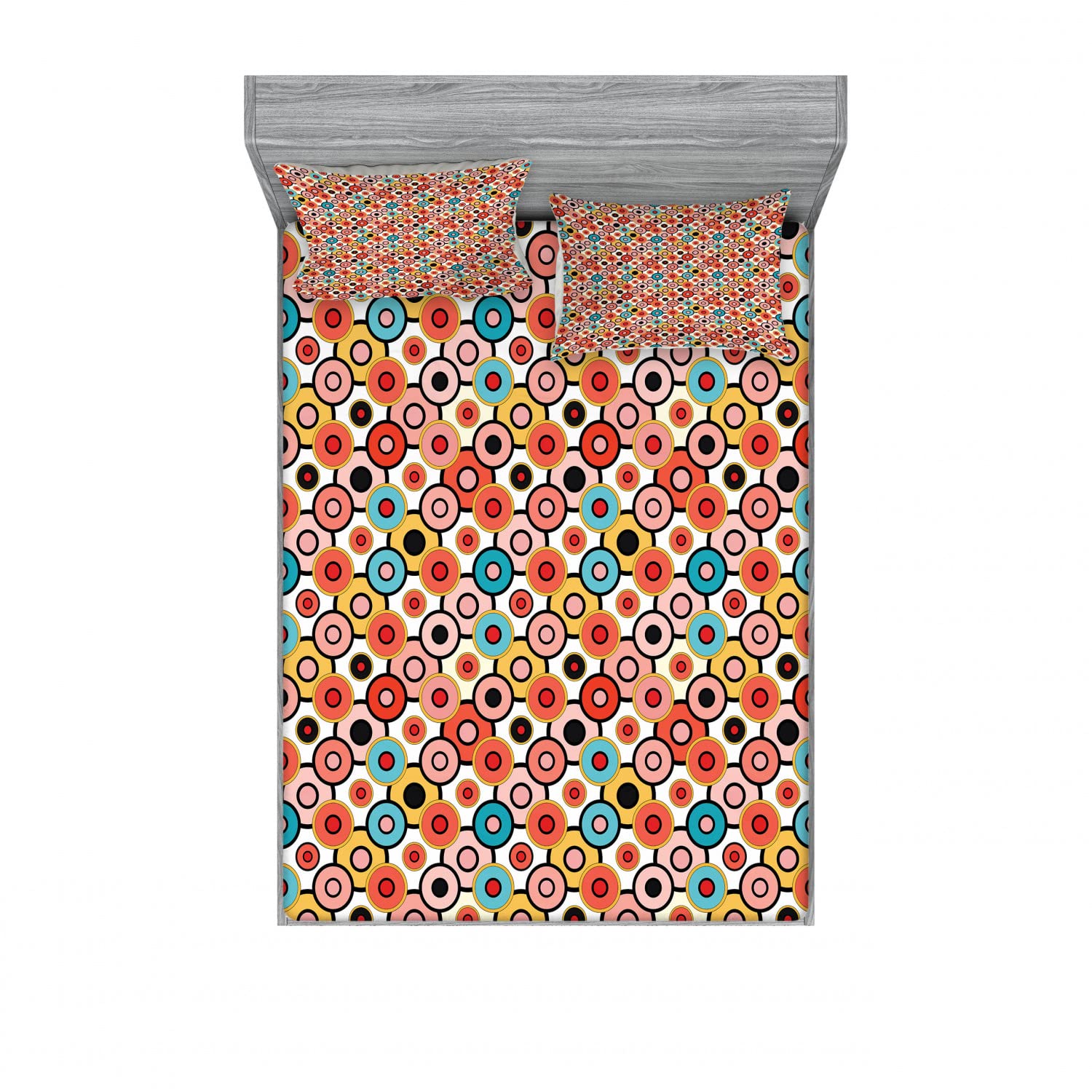 Ambesonne Vintage 2-Pack Queen Size Fitted Sheet & Pillow Sham Set - Retro Bubble Pattern 4-Piece Bedding Collection in Orange & Yellow | Perfect for Guest Rooms, Vacation Homes & Boho Chic Bedroom Decor