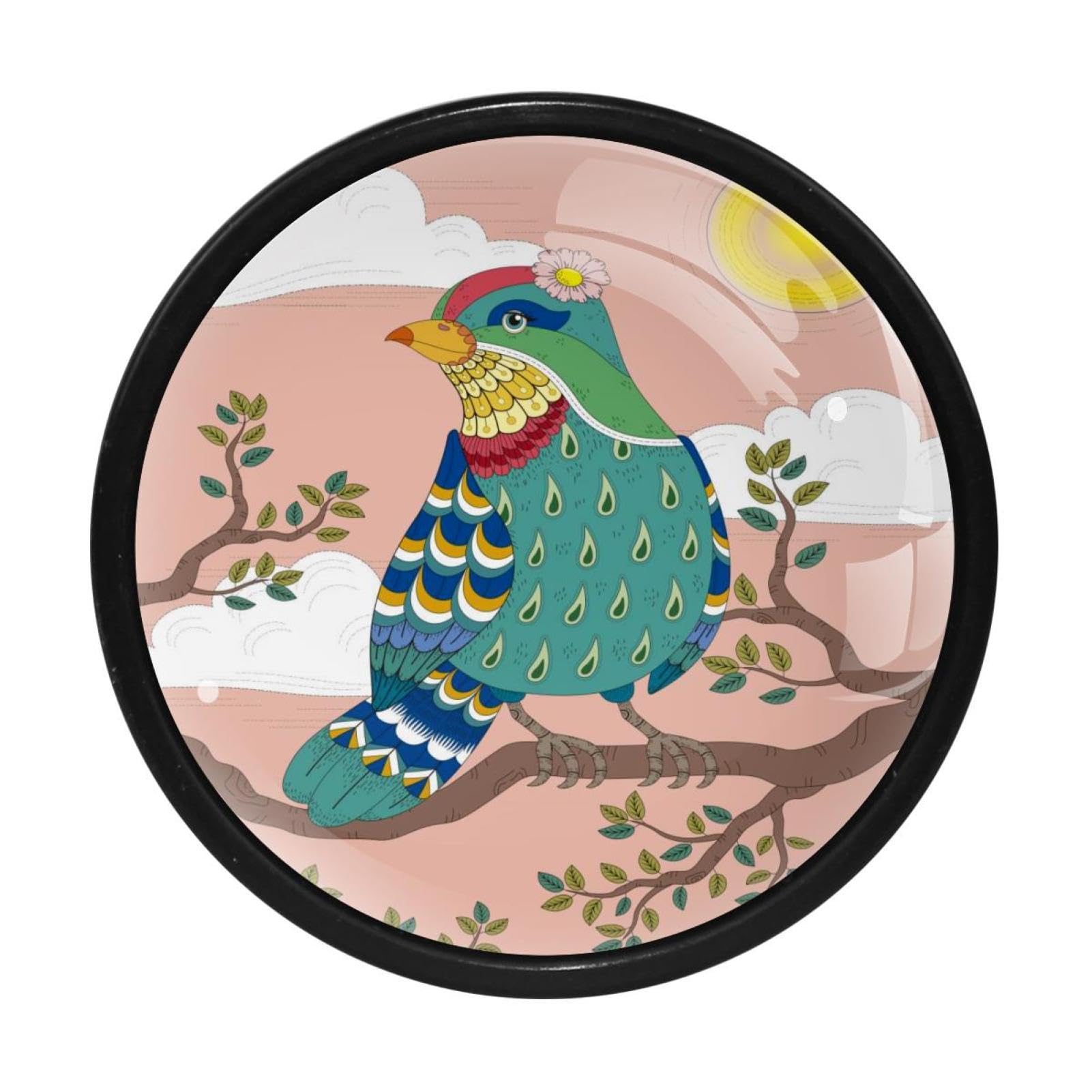 GIAPB 4-Piece Cabinet Handles & Knobs Set - Vintage Bird Design with Pink Background - Drawer Pulls for Dresser, Kitchen Cabinets & Furniture (Perfect for Bedroom, Bathroom & Home Decor)