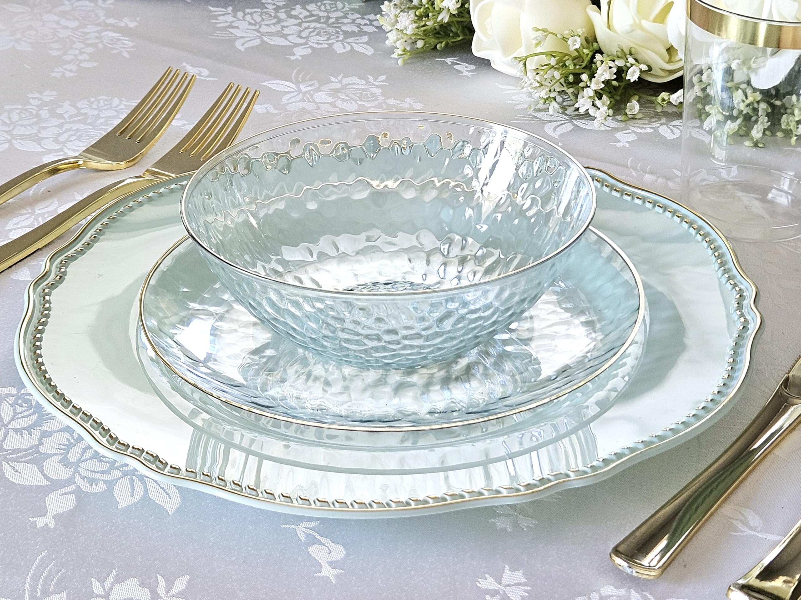 120-Pack Disposable Plastic Plates for Wedding & Party - 7'' Appetizer/Dessert Plates in Coastal Clear & Gold | Elegant Dinnerware for Bridal Showers, Baby Showers & Special Events