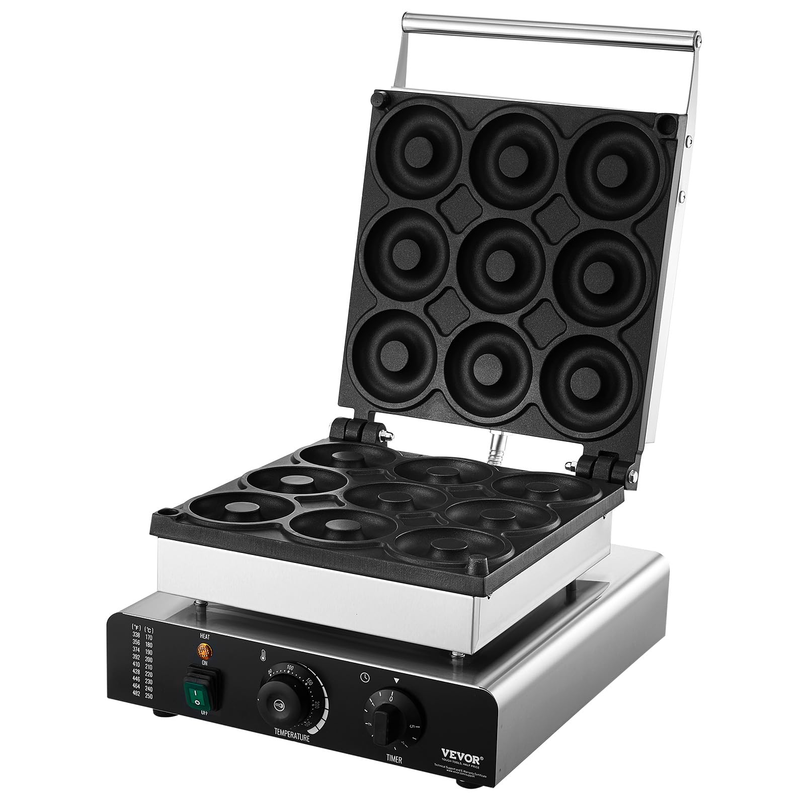 VEVOR 2000W Commercial Electric Donut Maker Machine - 9 Hole Non-Stick Waffle Iron with Double-Sided Heating (122-572℉) - Perfect for Restaurants, Bakeries, Cafes & Home Breakfast Donut Making