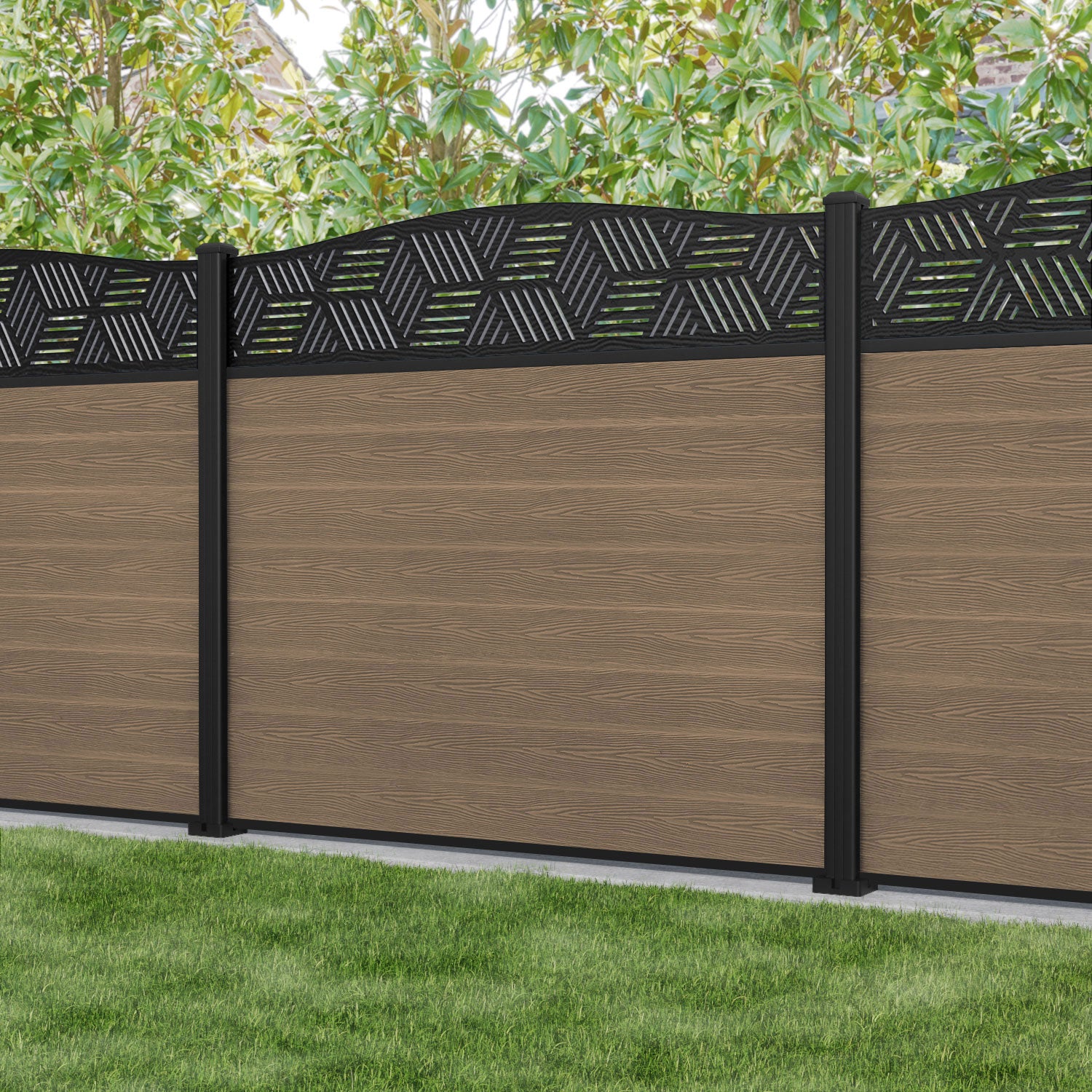 Premium Teak Wood Classic Cubed Curved Top Fence Panel with Aluminum Posts - Perfect for Garden, Patio, and Backyard Privacy Fencing