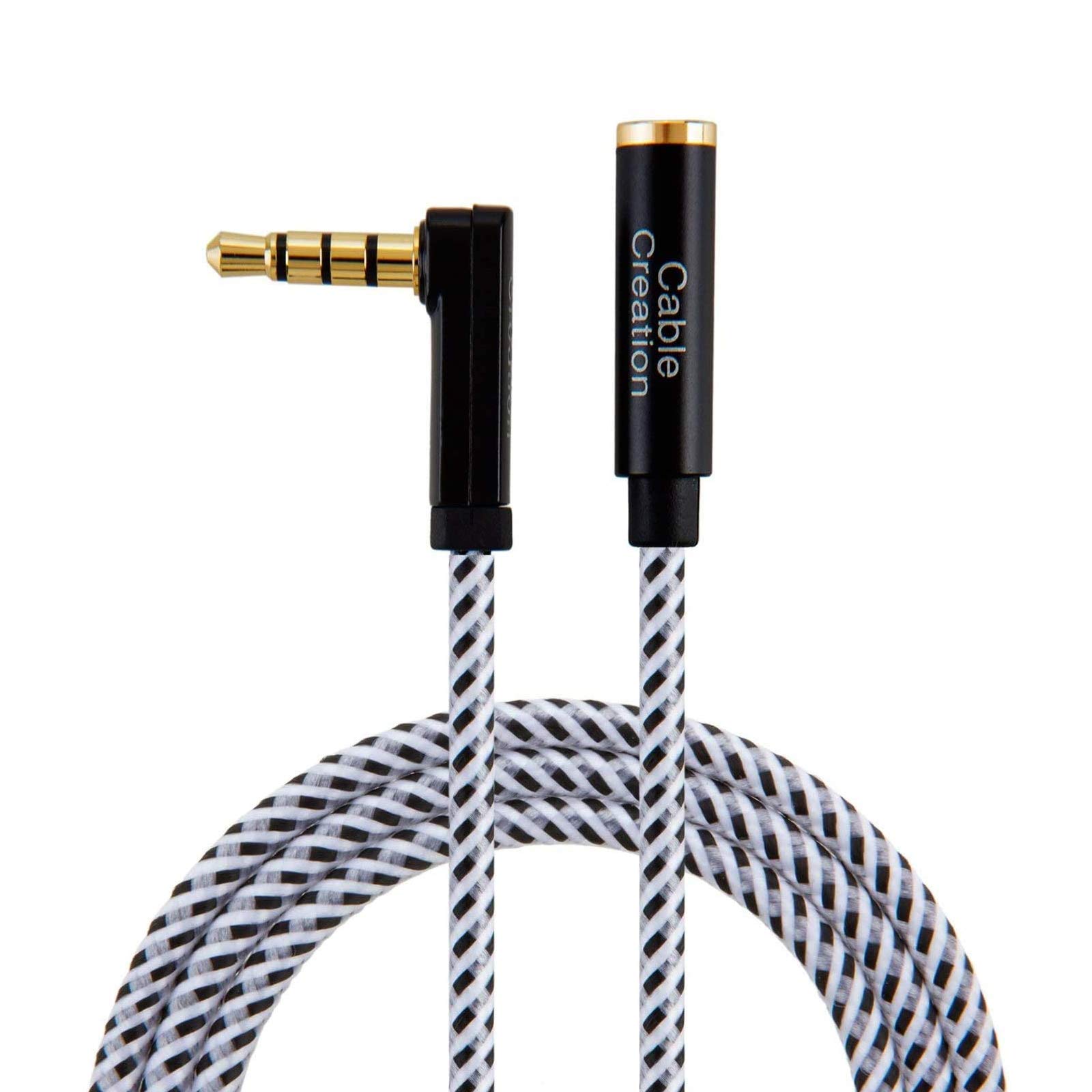 CableCreation 10ft 3.5mm TRRS Aux Cable Male to Female Stereo Audio Extension with 90° Right Angle (Microphone Compatible) - Black & White | Perfect for Headphones, Gaming Headsets, and Audio Equipment Connectivity