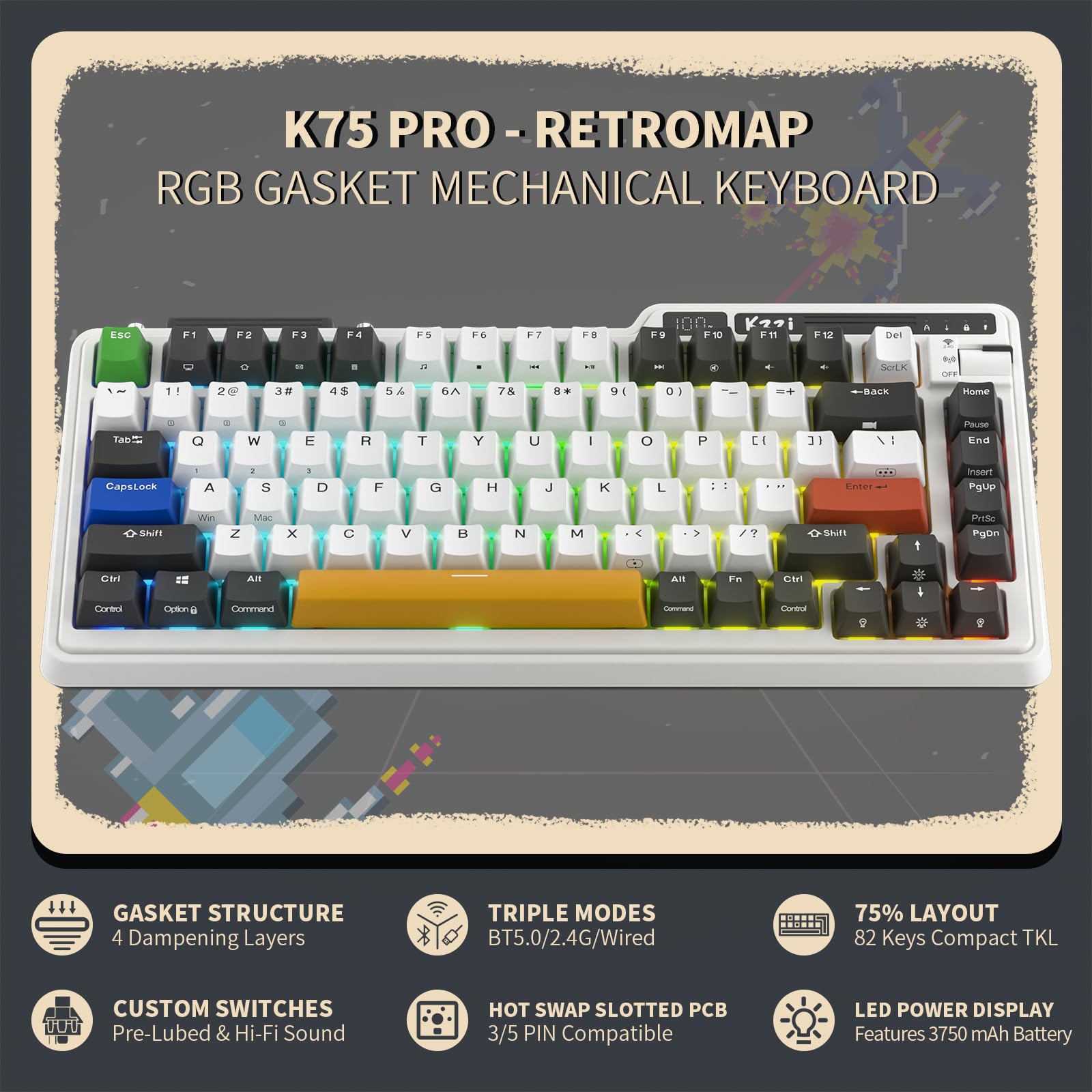 K75 PRO RGB 75% Wireless Mechanical Gaming Keyboard - Bluetooth 5.0/2.4G/USB-C Triple Mode, Hot-Swappable 82 Keys with Knob & Power Display, Custom Tactile Switches (Black/White) - Perfect for Esports, Office Work & Typing Enthusiasts