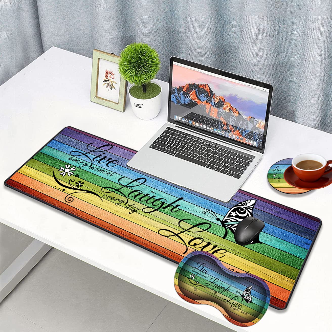 3-Piece Mouse Pad Set with Stitched Edges - Large Anti-Slip Desk Mat, Keyboard Pad & Memory Foam Wrist Rest - Includes Coffee Coaster - Perfect for Office, Home & Gaming (Glitter 