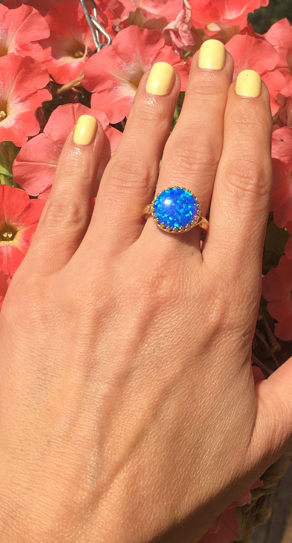 Blue Opal Ring - 14K Gold October Birthstone Ring - Round Crown Bezel Setting Gemstone Jewelry - Elegant Cocktail & Party Ring for Women - Perfect Gift for Birthdays, Anniversaries & Special Occasions