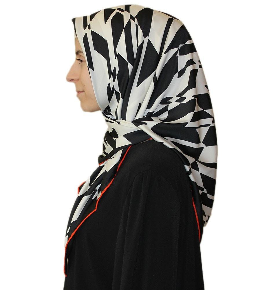 Aker Satin Square Hijab Scarf 6749 963 - Soft & Breathable Muslim Headscarf in Black & White - Perfect for Daily Wear, Prayer & Special Occasions