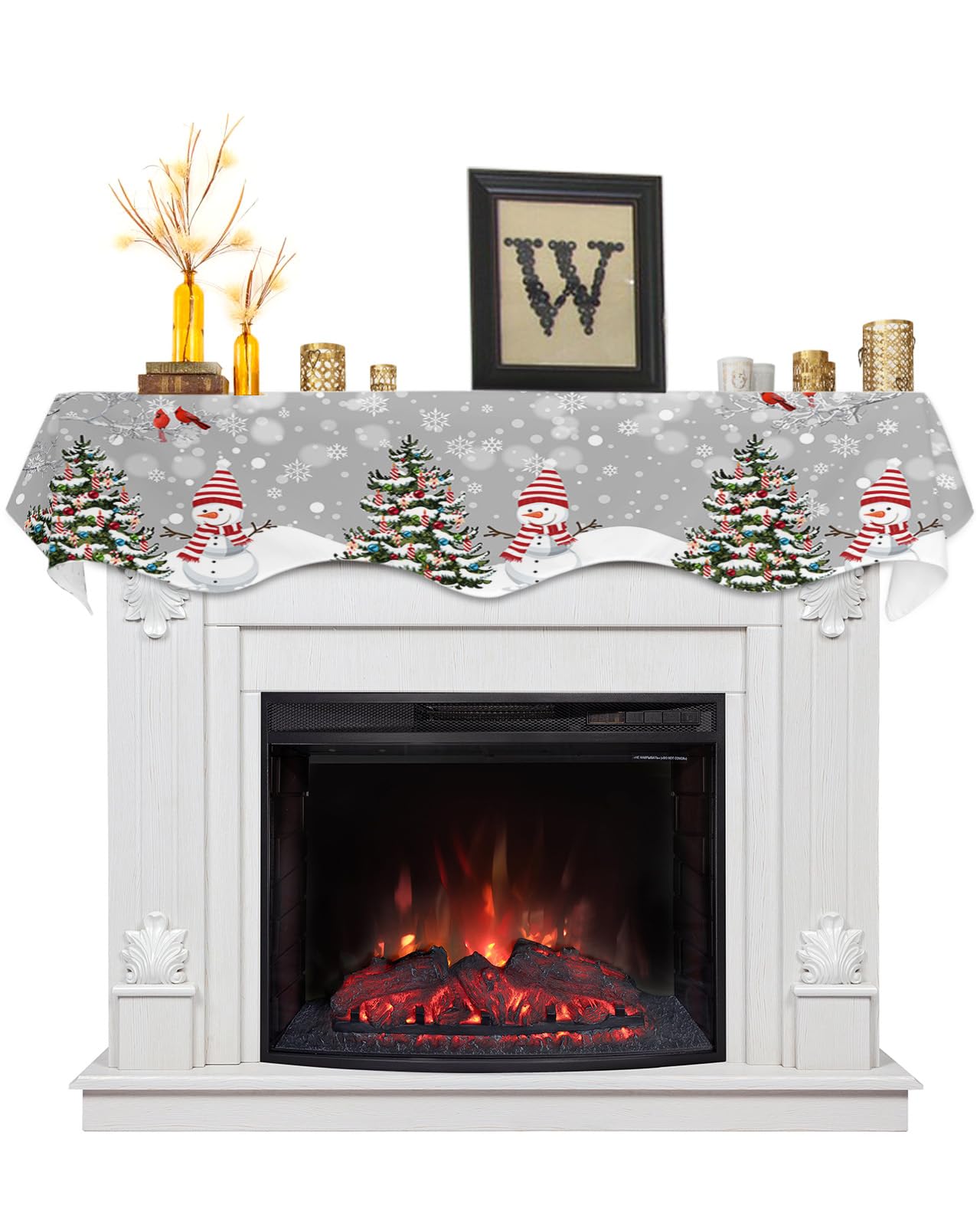 Christmas Fireplace Scarf Mantle Cover 70x17 Inch - Snowflake Snowman Grey Winter Table Cloth for Fireplace, Living Room, Window, Porch, Dressing Table & Bedroom Decor - Perfect for Holiday Home Decoration & Cozy Winter Ambiance