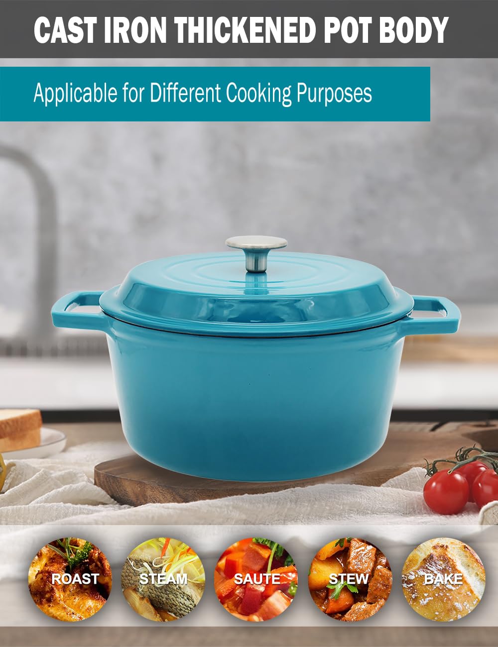 4.2 QT Enameled Cast Iron Dutch Oven with Non-Stick Interior - Multi-Purpose Cookware for Baking, Roasting & Braising - Compatible with All Cooktops & Dishwasher Safe - Perfect Gift for Family & Friends - Ideal for Camping, Home Cooking & Holiday Meals - Caribbean Blue
