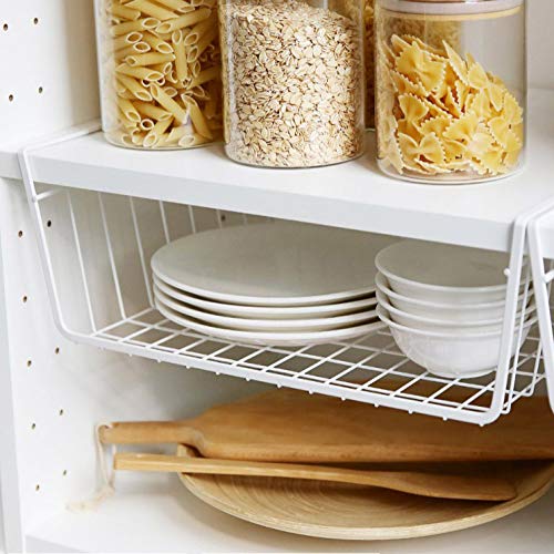 Tebery 2-Pack White Under Shelf Wire Baskets - Kitchen & Office Storage Organizer