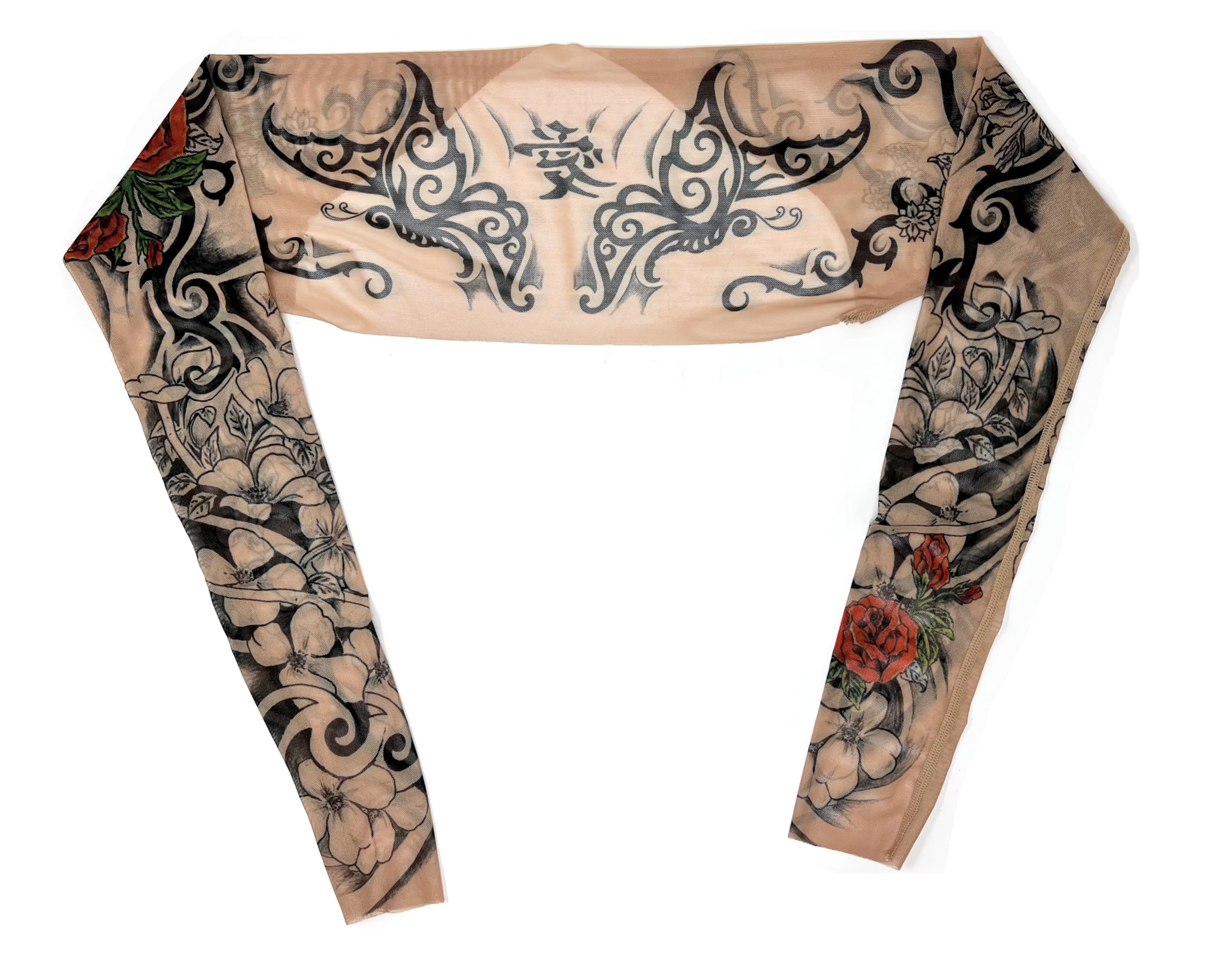 Wild Rose Tattoo Sleeve Mesh Shrug for Women - Flamenco Red Rose Design | Perfect for Dance Performances, Costume Parties & Gothic Fashion