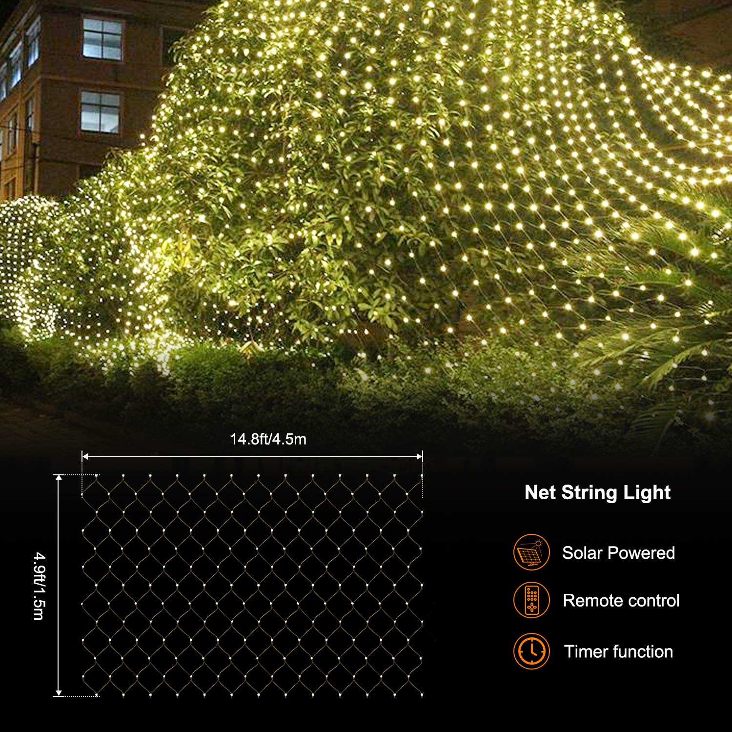 Solar Powered Outdoor String Lights - 15 x 5ft Waterproof Mesh Lights with Remote Control for Garden, Lawn, Fence, Patio & Indoor Decor (Warm White) | Perfect for Backyard Parties, Christmas Decorations & Wedding Lighting