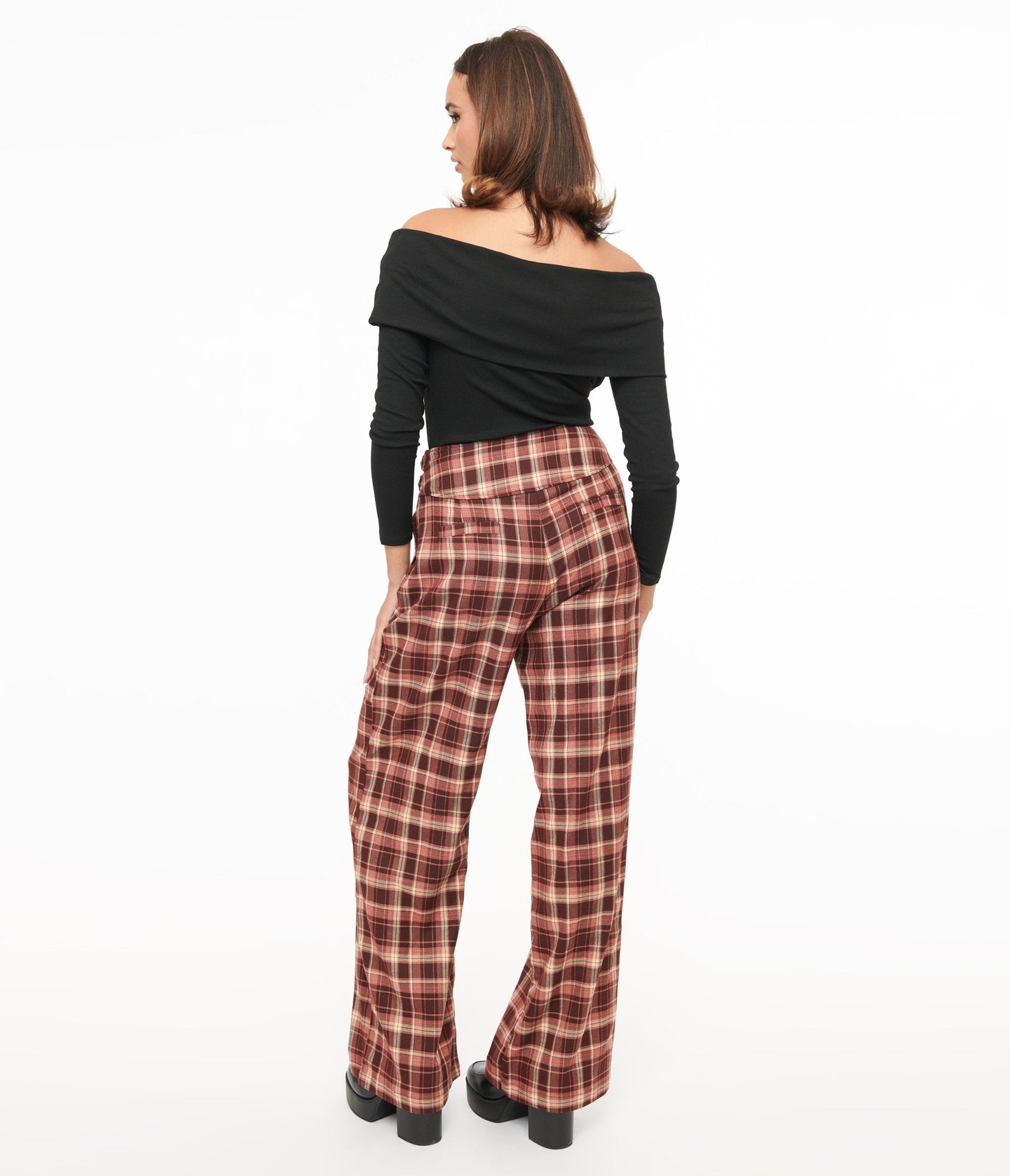 Vintage Burgundy Plaid High Waisted Double Belt Woven Pants for Women - Retro 90s Style Wide Leg Trousers for Office, Party & Casual Outfits