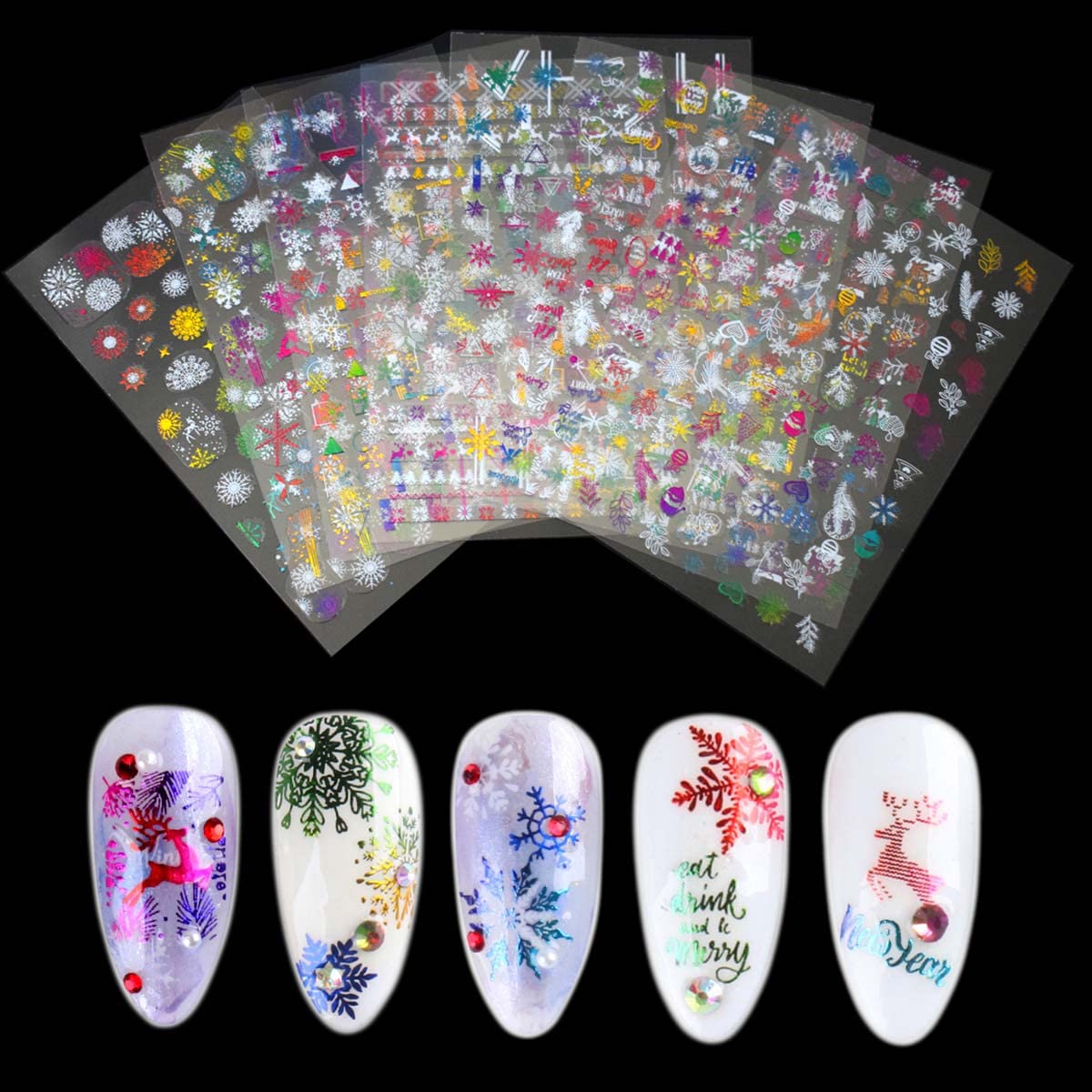 3D Holographic Christmas Nail Stickers Set - 8PCS Winter Snowflake Xmas Tree Santa Claus Snowman Elk Bell Nail Decals for Women & Girls | Self-Adhesive Nail Art for Holiday Parties & Gift Giving