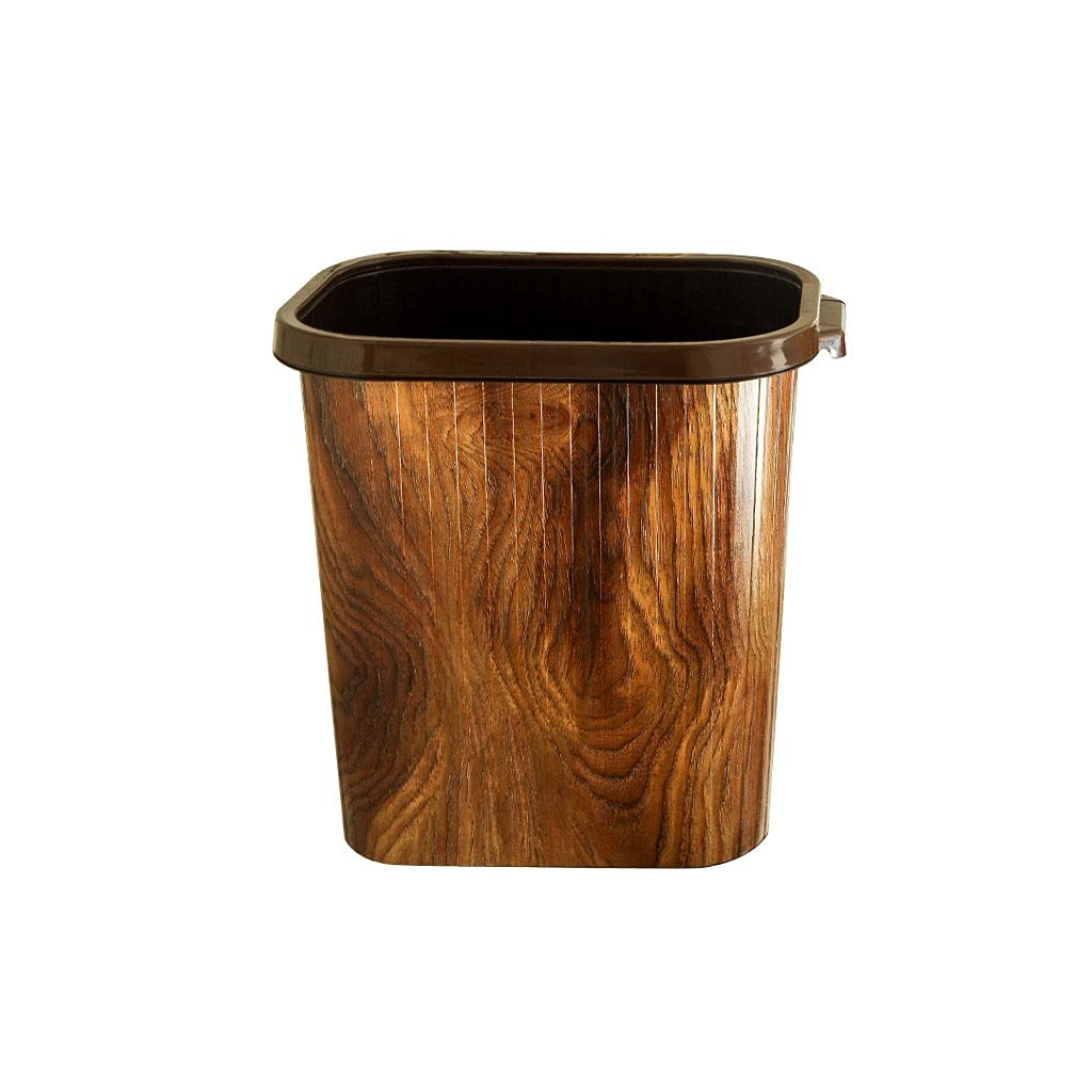 12L Retro Wood Grain Plastic Trash Can - Uncovered Rectangular Garbage Bin for Home, Office & Business Storage | Durable & Stylish Yellow Waste Basket | Perfect for Kitchen, Bathroom & Office Spaces
