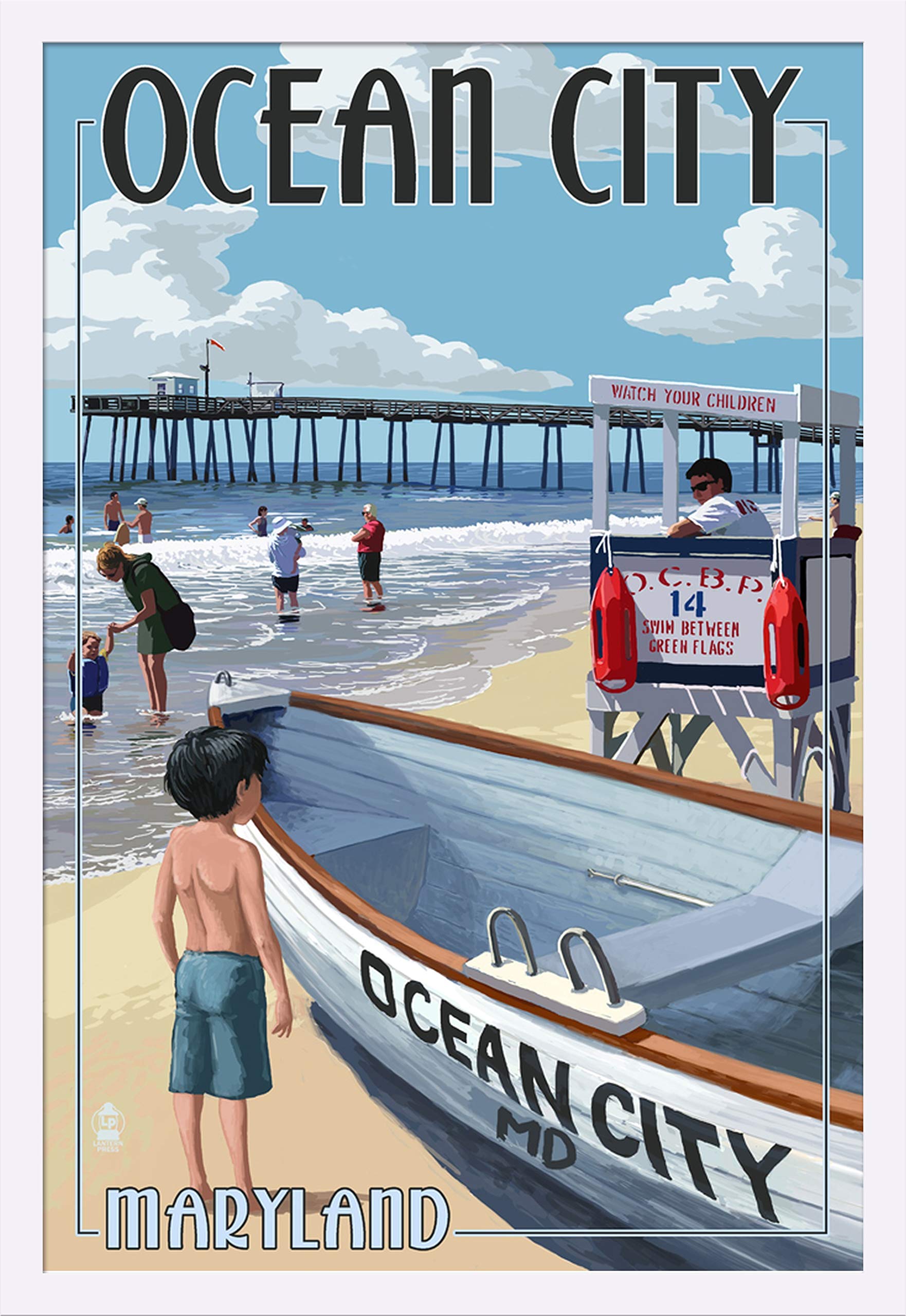 Ocean City Maryland Lifeguard Stand 51722 - 24x36 Giclee Art Print, Gallery Framed in White Wood - Perfect for Beach House Decor, Coastal Living Room, or Nautical Themed Office