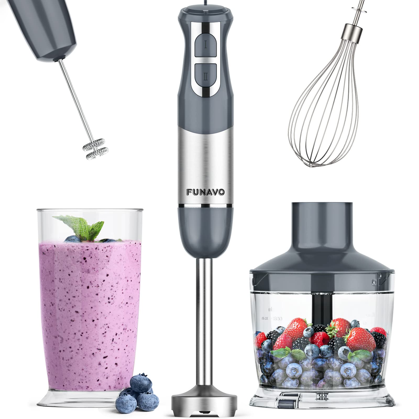 FUNAVO 800W 5-in-1 Immersion Hand Blender with 12 Speed & Turbo Mode - 304 Stainless Steel Stick Blender Set Includes 600ml Beaker, 500ml Chopping Bowl, Whisk & Milk Frother - BPA-Free (Grey) - Perfect for Smoothies, Soups, Baby Food & Baking