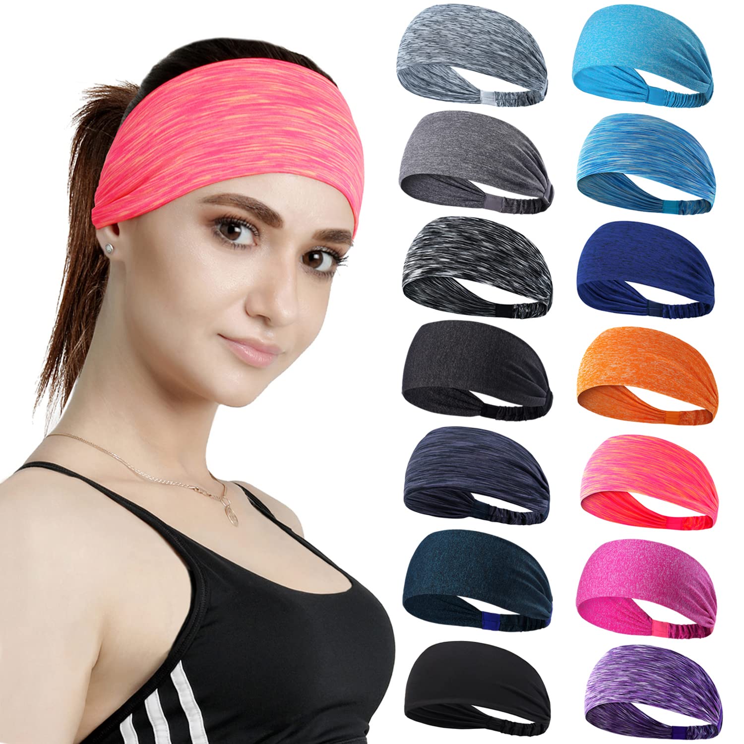 14 Pcs Non-Slip Workout Headbands for Women & Men - Moisture Wicking Sports Sweatbands for Yoga, Running, Fitness - Elastic Hairbands for All Sizes (Multiple Colors) - Perfect for Gym, Jogging & Active Lifestyle