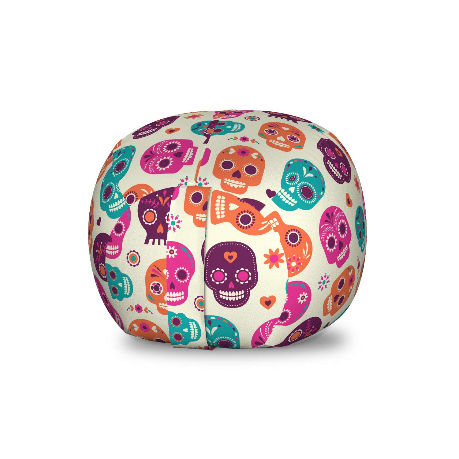 Ambesonne Sugar Skull Toy Storage Bag Chair - Colorful Skull Silhouettes with Hearts & Flowers Carnival Design - Washable Stuffed Animal Organizer for Kids Room - Small Multicolor Storage Solution for Toys, Blankets & Bedroom Decor