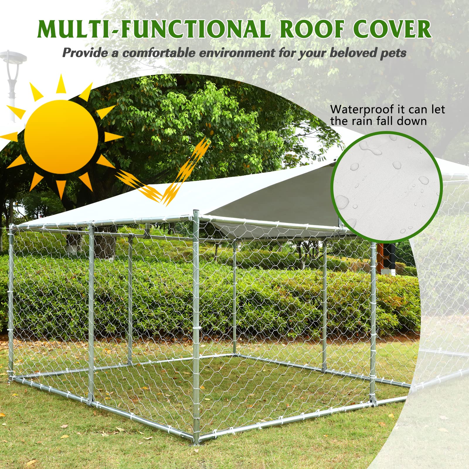 Grepatio Large Outdoor Dog Kennel - Weatherproof Dog House with Polyester Roof Cover, Secure Lock Fence for Backyard (90'L x 90'W x 45'H) - Ideal for Large Breed Dogs, Backyard Security & All-Weather Protection
