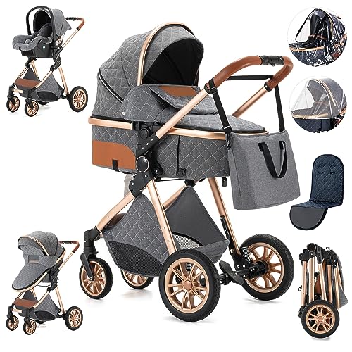 3 in 1 Baby Stroller with Car Seat - Lightweight Travel Stroller, One-Click Fold, Adjustable Recline, High Aluminum Frame (Dumbgray Gold) for Newborns & Toddlers - Perfect for Shopping, Travel & Daily Walks