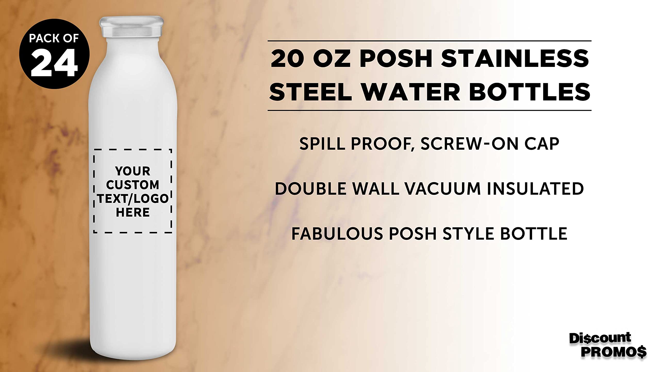 24-Pack Custom Stainless Steel Water Bottles 20oz - Personalized Double Wall Insulated Tumbler for Hot & Cold Drinks - Bulk Posh Drinkware for Office, Gym, Promotions & Gifts (White)