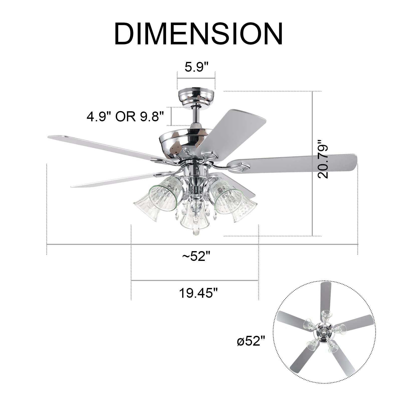52 Inch Modern Crystal Chandelier Ceiling Fan with Lights & Remote Control - 5 Reversible Blades, 3 Speed Settings, Silver Chrome Finish - Perfect for Living Room, Bedroom, Dining Room & Indoor Spaces