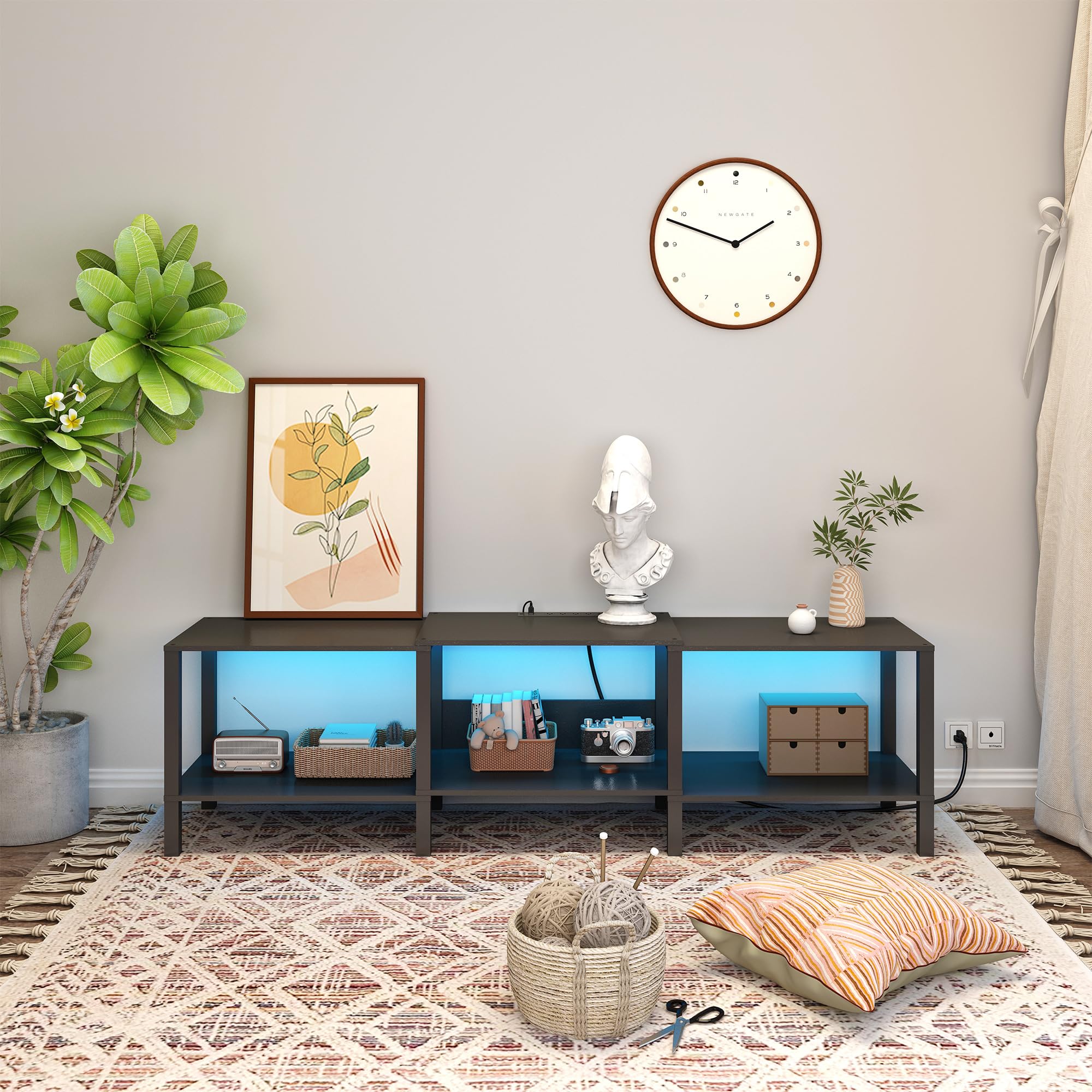 75 Inch Black LED TV Stand for Living Room - Wood Media Console for 45/55/65/75 Inch TVs - Industrial Style Entertainment Center with Power Outlet - Rustic Brown (CaLTV06BKE) - Perfect for Home Theater & Modern Living Rooms
