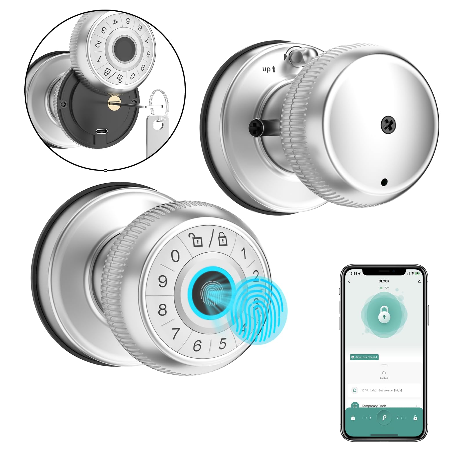 4-in-1 Smart Door Knob with Fingerprint, Keypad & App Control - Auto Lock & Privacy Mode - Secure Entry for Homes, Offices & Garages (Silver, 1 Pack) - Perfect for Smart Home Security & Keyless Access