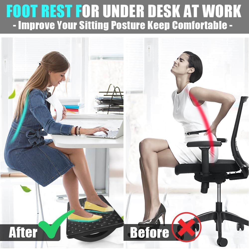 Ergonomic Under Desk Foot Rest with Rocking Design & Massage Rollers - Pain Relief Foot Stool for Office, Home & Work - Perfect for Long Sitting Sessions, Leg Comfort & Improved Posture
