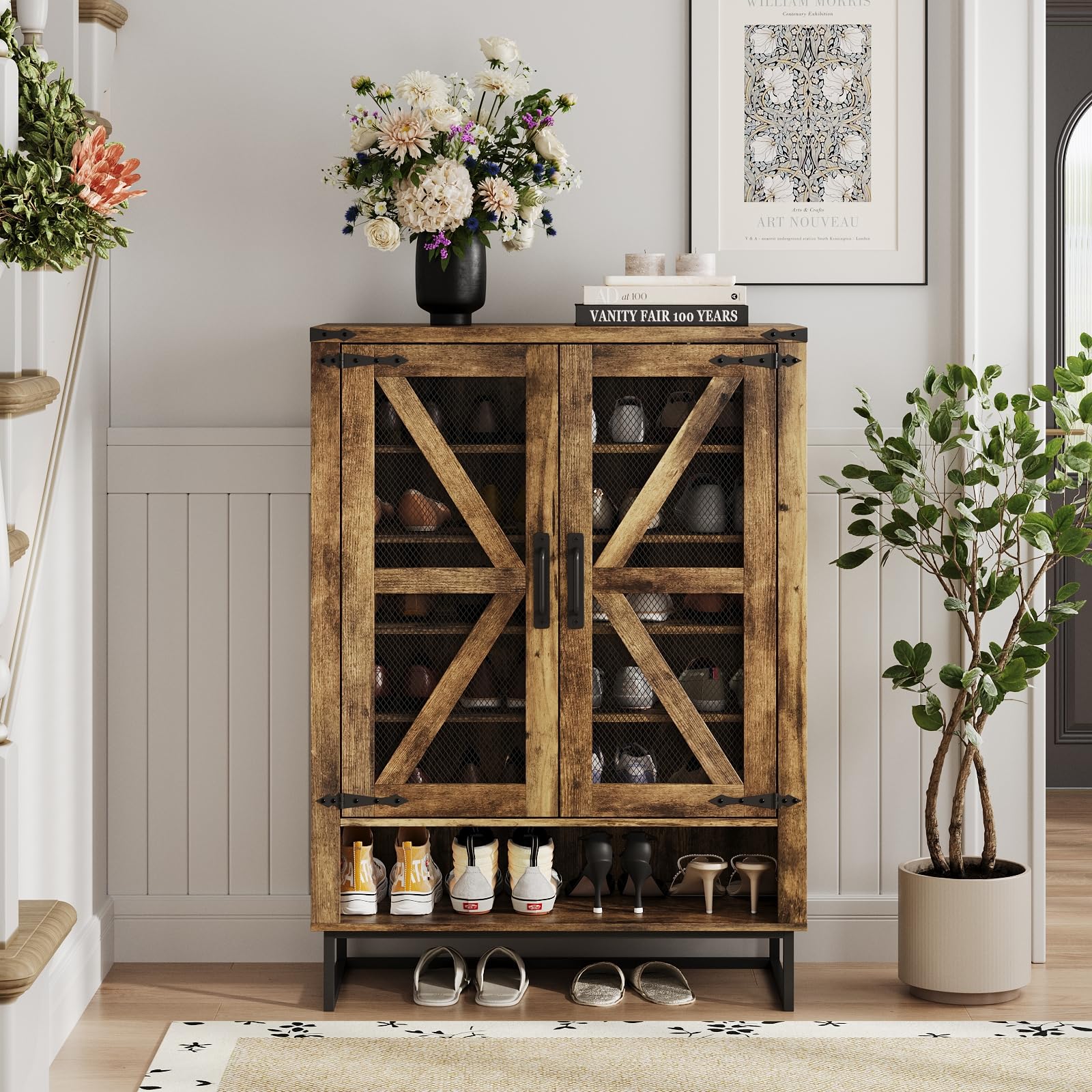 Maupvit 6-Tier Farmhouse Shoe Cabinet with Doors - Adjustable Shelves & Sturdy Metal Legs, Rustic Entryway Storage Organizer for Hallway, Closet & Living Room | Perfect for Small Spaces & Home Organization