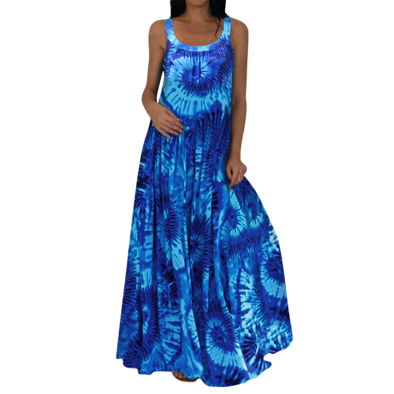 Women's Summer Sexy Sleeveless Round Neck Long Maxi Dress - Elegant Boho Style Beach Wedding Party Dress for Vacation & Outdoor Events