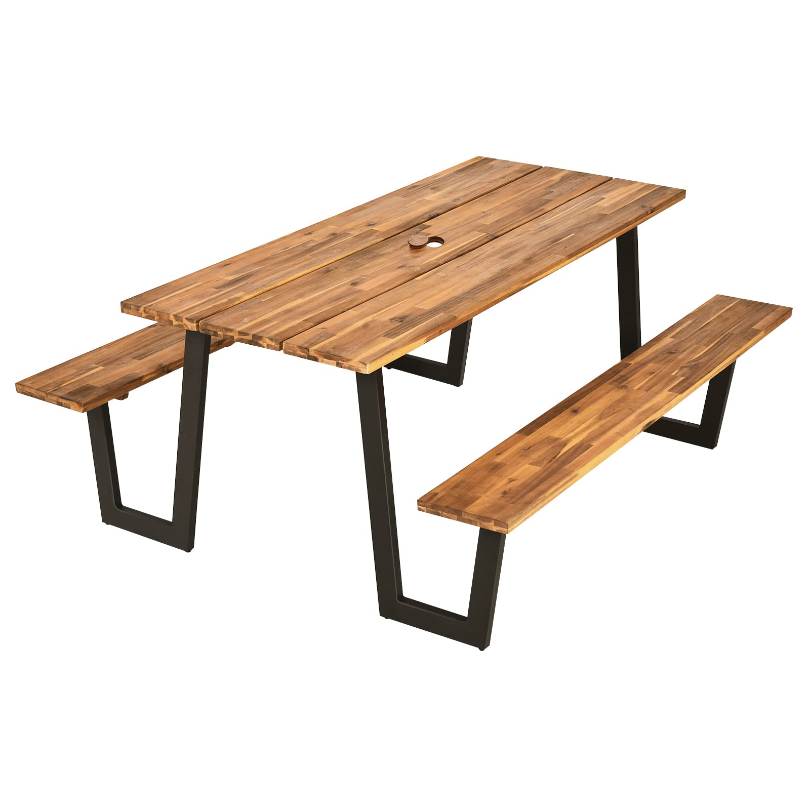 Giantex 6ft Acacia Wood Outdoor Picnic Table Bench Set with 2’’ Umbrella Hole & Metal Frame - Heavy Duty Patented Wooden Dining Table for Backyard, Garden, Patio, Camping (Natural & Black) | Perfect for Family Gatherings, BBQs, and Outdoor Entertaining