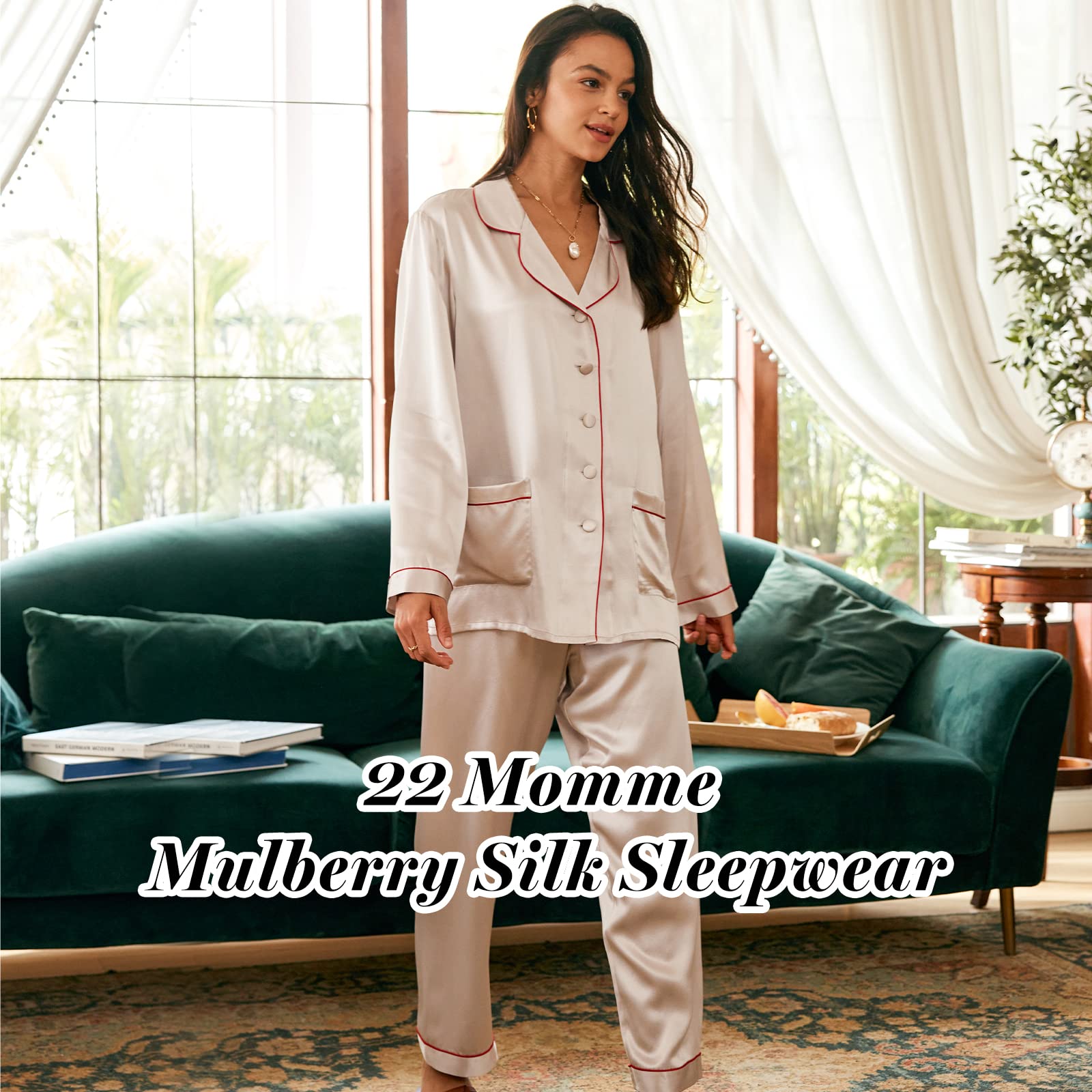 Luxury Women's 100% Mulberry Silk Pajama Set - Slim Fit Long Sleeve Sleepwear & Loungewear - 22 Momme Classic Silk Pajamas for Women - Perfect for Sleep, Relaxation & Bridal Nightwear