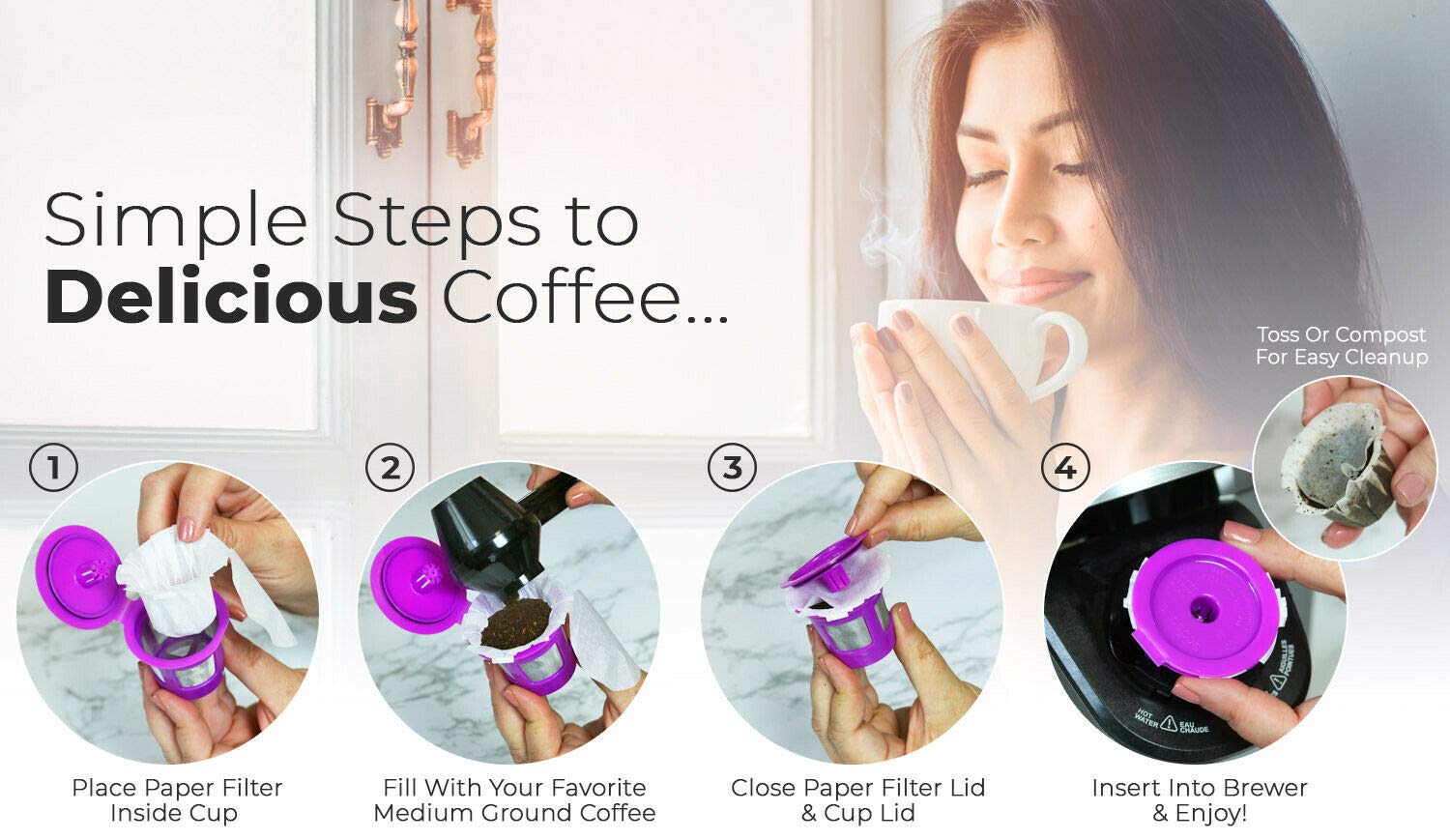 Premium EZ-Cup Paper Coffee Filters with Patented Lid - 450 Count (9-Pack) - Compatible with Keurig Single-Serve Coffee Makers & Pods - Ideal for Home, Office, and Travel Use