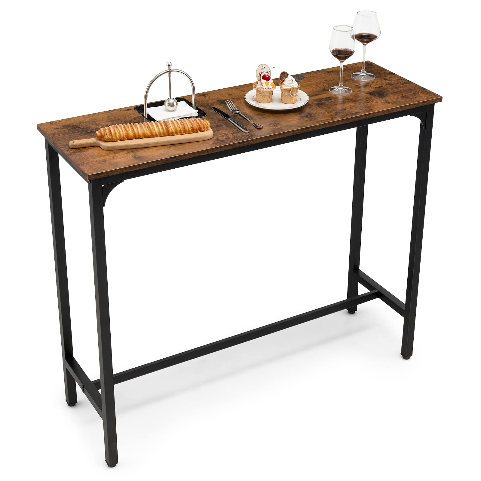 GOFLAME 48” Industrial High Top Bar Table with Metal Frame & Adjustable Feet, Narrow Rectangular Pub Table for Small Spaces, Multifunctional Dining Table for Kitchen, Living Room, Bistro, and Outdoor Patio