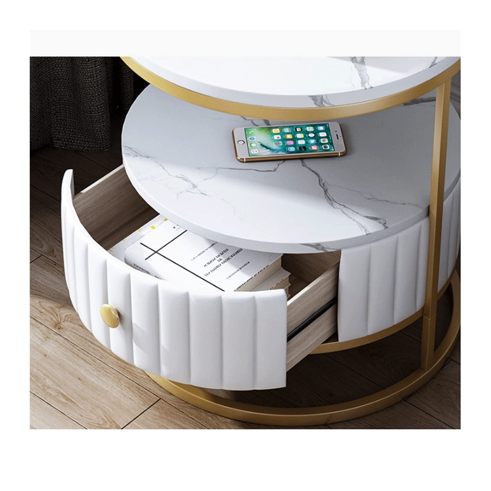 Marble Nightstand with Drawer - Modern Round Bedside Table for Bedroom, Living Room & Office - Stylish Storage Cabinet for Small Spaces (Color: 02)