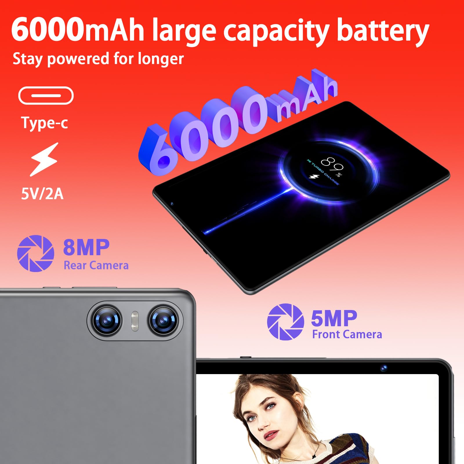 **10.1 Inch Android 14 Tablet - 20GB RAM, 128GB ROM (1TB Expandable), Octa-Core Processor, Dual Camera, WiFi 6, Bluetooth 5.0, 6000mAh Long Battery - Includes Keyboard & Mouse (Grey) - Perfect for Work, Study & Entertainment**