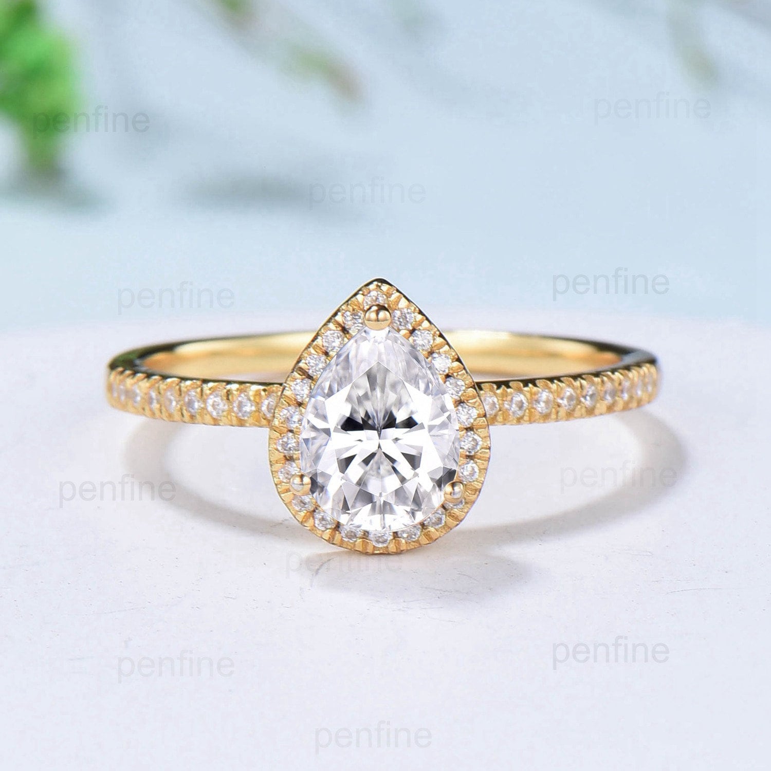 6x8mm Pear Shaped Moissanite Engagement Ring Set with Halo & Baguette Black Spinel Stacking Band - 14k Yellow Gold Bridal Jewelry Set for Wedding, Proposal, Anniversary and Special Occasions