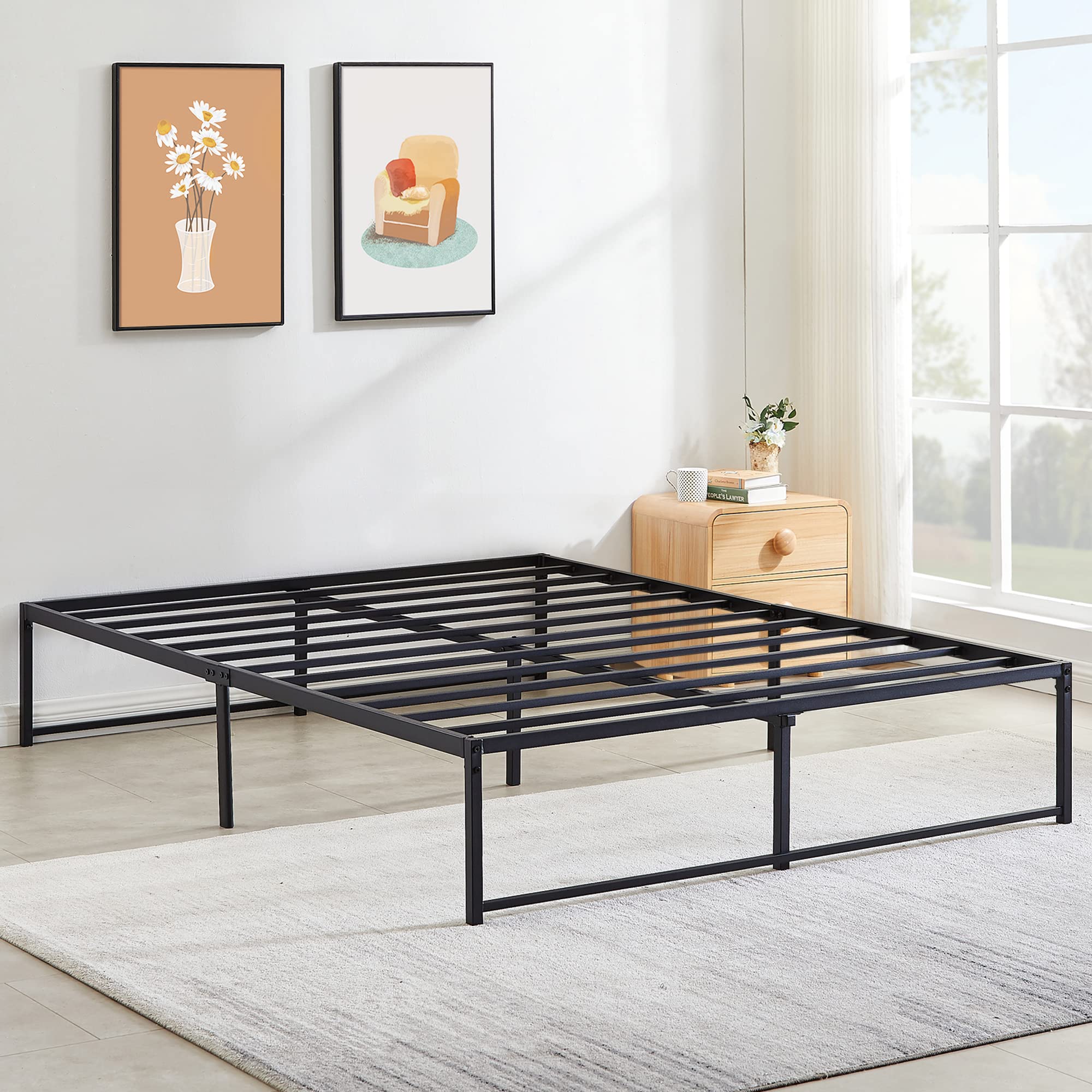 VECELO 14 Inch Metal Platform Bed Frame with Mattress Foundation, Queen Size - No Box Spring Needed | Sturdy Steel Slat Support for Modern Bedrooms, Guest Rooms & Dormitories