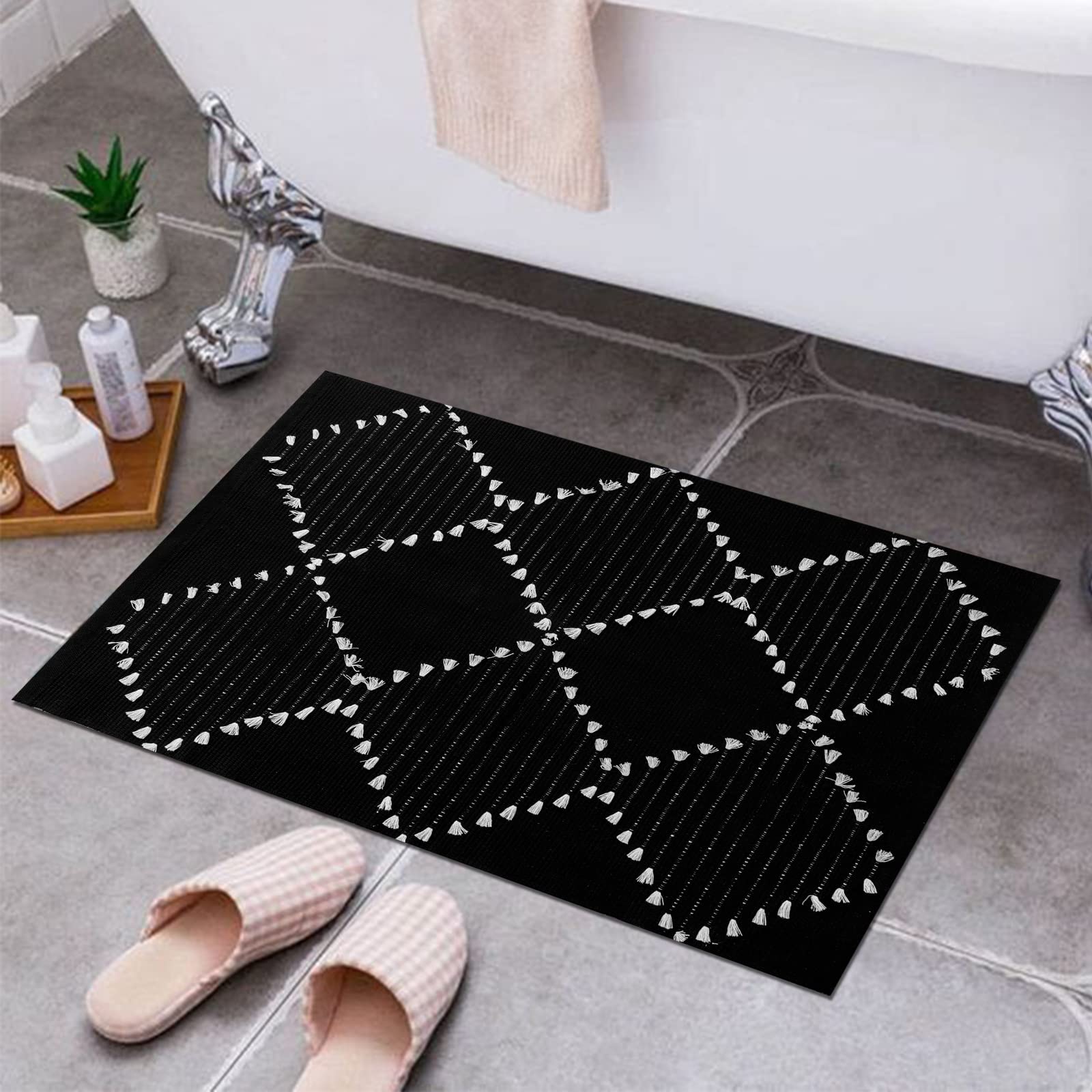 KIMODE Boho Small Bathroom Rug - 2' x 3' Black Cotton Woven Area Rug with Diamond Geometric Pattern | Non-Slip Floor Mat for Bedroom, Kitchen, Entryway, Bath, Hallway & Laundry Room | Machine Washable & Durable for High-Traffic Areas