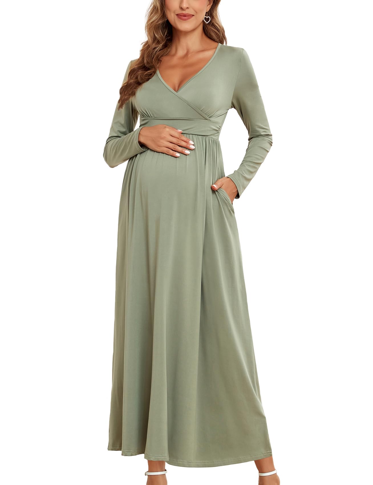 2025 Women's Maternity Maxi Dress - Long Sleeve Wrap V-Neck Pregnancy Dress with Pockets for Baby Shower, Photoshoot & Formal Occasions | Comfortable Nursing Dress for Expecting Mothers