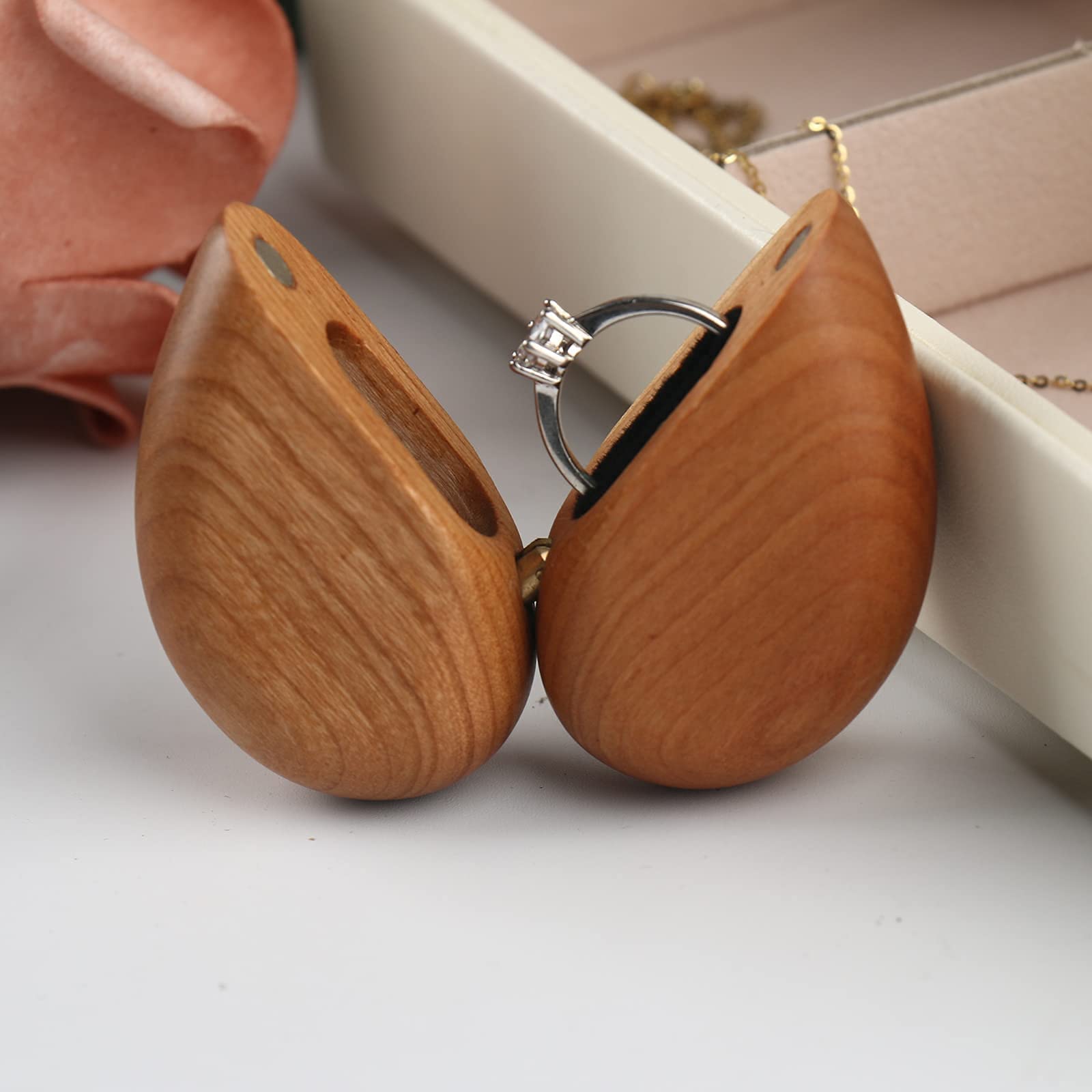 Premium Wooden Ring Box for Wedding & Engagement - Heart Shaped Cherry Wood Jewelry Box for Proposal, Vows & Ceremonies - Perfect for Romantic Moments & Keepsake Storage