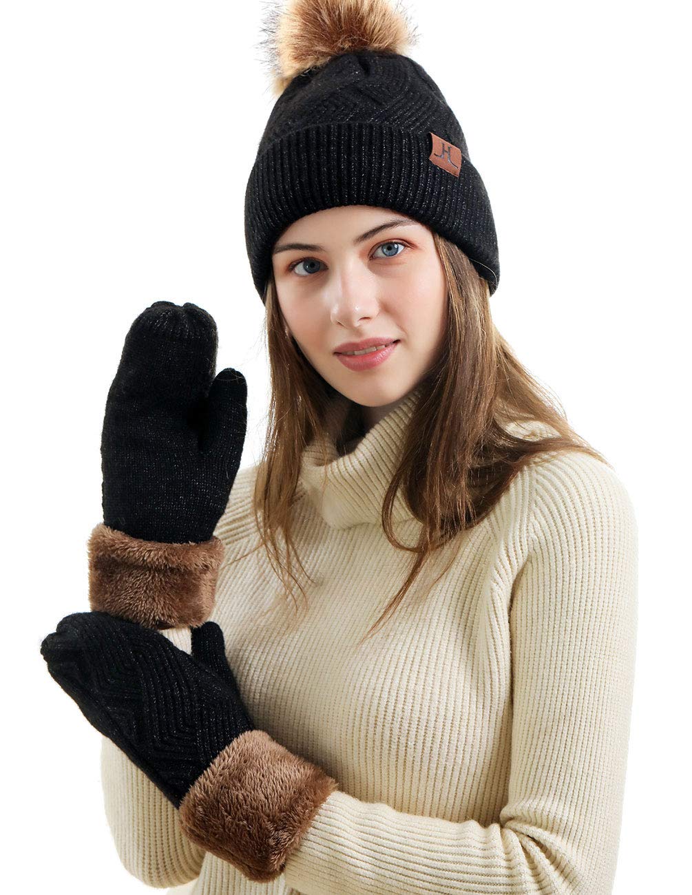 Maylisacc Women's Thermal Winter Beanie & Mittens Set - Double Layer Fleece Lining, Knitted Pom Hat with Faux Fur - Perfect for Skiing, Snowboarding, Cycling & Outdoor Winter Activities